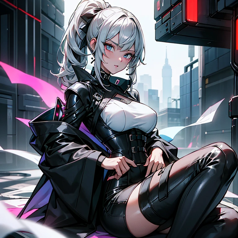 seulement 1 femme sexy adulte, grosses hanches dans un corset et une tenue noire et blanche, poitrine massive, white curly high ponytail, with fishnet on the breasts and can also be on the legs, tenue modeste, porter des vêtements techniques et une armure, tenue cyberpunk, porter des vêtements techniques japonais, tenue intrigante, tous les vêtements cyberpunk noirs, tenue de style cyberpunk, female cyberpunk animated girl, streetwear cyberpunk, robe cyberpunk, animated girl , photographie d&#39;une femme techwear, cyberpunk animated girl, wearing streetwear cyberpunk, proportion normale d&#39;une femme adulte, ni trop court ni trop gros, toute la photo dans des tons violets, NSFW