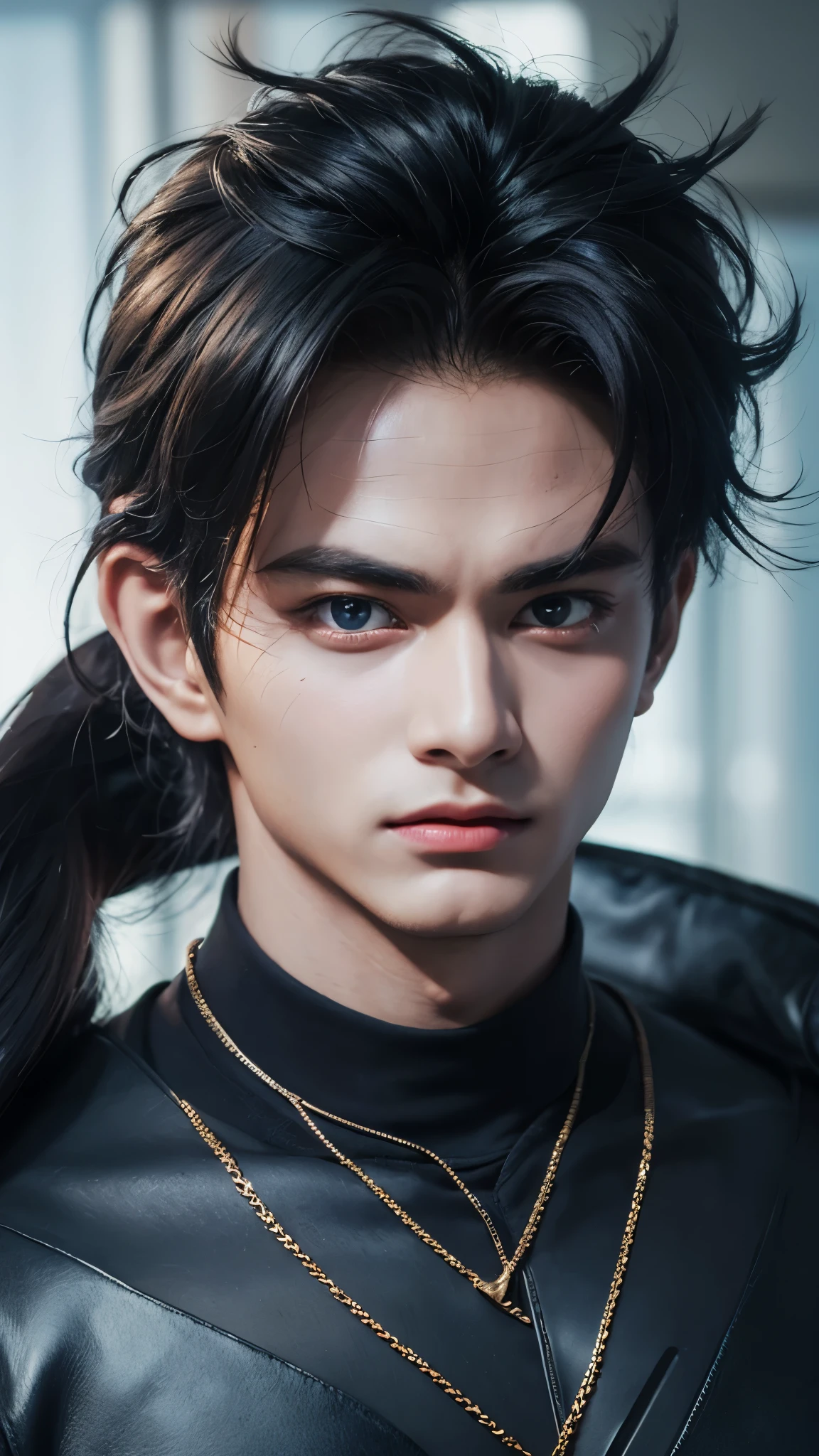 "A fusion of Gogeta and Vegeta like you've never seen before. This 17-year-old boy has a modern edge, with sleek black hair and fashionable clothing. His striking eyes and handsome face are complemented by a cool hairstyle and a confident expression. Against a backdrop of a bustling city, this artistic portrait is rendered in stunning detail using digital painting techniques, giving it a realistic and visually descriptive quality."