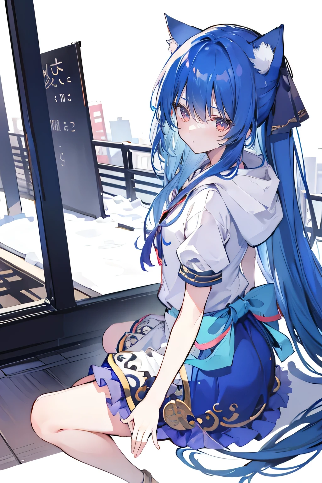 (masterpiece:1.2),Super detailed,lifelike,Expressive eyes,fair skin,perfect face shape,1 girl,
Japanese comics,Gorgeous blue hair,flowing blue hair,flowing clothes,Cat ears,Petals fall,beautiful lola,Baby Angel,
Shaking head with one hand,Cross your legs,Gentle and peaceful background,The pavilion is cool and comfortable,smile, wearing hoodie, background of tokyo,back views,snowing, winter.