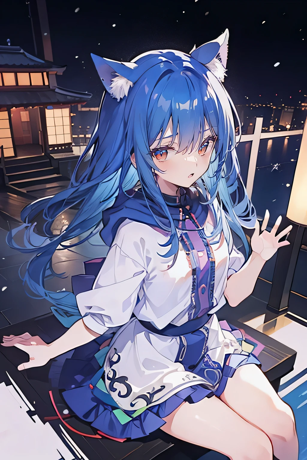 （masterpiece：1.2），Super detailed，lifelike，Expressive eyes，fair skin，perfect face shape，1 girl，
Japanese comics,Gorgeous blue hair,flowing blue hair,flowing clothes,Cat ears,Petals fall,beautiful lola,Baby Angel,
Shaking head with one hand，Cross your legs，Gentle and peaceful background，The pavilion is cool and comfortable,smile, wearing hoodie, background of tokyo,back views,snowing, winter.