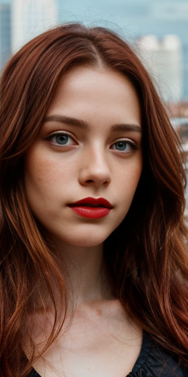 16k, HDR, RTX, photorealistic, ((1 beautiful redhead woman with small freckles on her cheeks, cute, lips, red lipstick, long hair)), looking at viewer, makeup, nose, realistic, (completely body), ((redhead woman with freckles)), raw photo,studio_shot,uhd, dslr, soft lighting, high quality, film grain, cute, lips, long hair, looking at viewer, makeup, nose, realistic, (complete body), raw photo, studio_shot, soft lighting, high quality, film grain,(1girl:1.3), Solo, (((Very detailed face)))), ((Very detailed eyes and face)))), Beautiful detail eyes, Body parts__, Official art, Unified 8k wallpaper, Super detailed, beautiful and beautiful, beautiful, masterpiece, best quality, original, masterpiece, super fine photo, best quality, super high resolution, realistic realism, sunlight, full body portrait, amazing beauty, dynamic pose, delicate face, vibrant eyes, (from the front), She wears Spider-Man suit, red and black color scheme, spider, very detailed city roof background, rooftop, overlooking the city, detailed face, detailed complex busy background, messy, gorgeous, highly detailed skin, realistic skin details, visible pores, clear focus, volumetric fog, DSLR, high quality, film grain, fair skin, photo realism, lomography, futuristic dystopian megalopolis, translucent