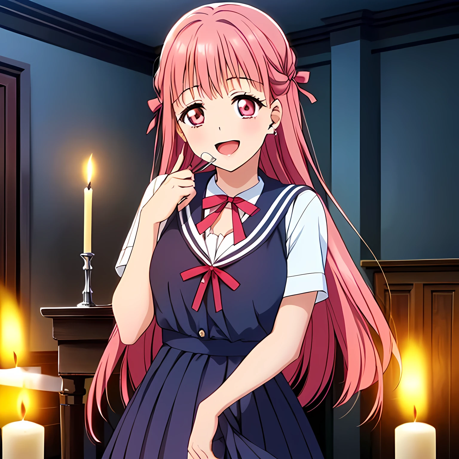 highest quality, (masterpiece:1.2), Very detailed, ((A very beautiful girl is looking at the viewer in a very dark room)), ((16 years old)), (((Beautiful long, very shiny peach-colored hair))), She has a big yellow ribbon in her hair., ((Navy blue sailor suit)), ((Navy blue pleated long skirt)), (((laughing at me!))), ((((Very beautiful and shining deep pink eyes)))), ((Very long eyelashes)), A large crimson ribbon on the chest, ((An elegant and gentle expression like a noble princess)), ((Laughing with mouth open)), ((slender)), Very good posture, Shot from above, ((Sabbath)), (((There is a candle in a dark room))), Black Altar, Black Wall, There are several portraits of beautiful black women on display.