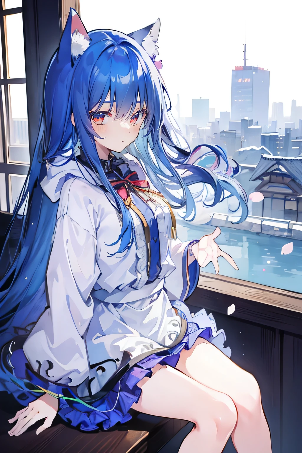 （masterpiece：1.2），Super detailed，lifelike，Expressive eyes，fair skin，perfect face shape，1 girl，
Japanese comics,Gorgeous blue hair,flowing blue hair,flowing clothes,Cat ears,Petals fall,beautiful lola,Baby Angel,
Shaking head with one hand，Cross your legs，Gentle and peaceful background，The pavilion is cool and comfortable,smile, wearing hoodie, background of tokyo,back views,snowing, winter.