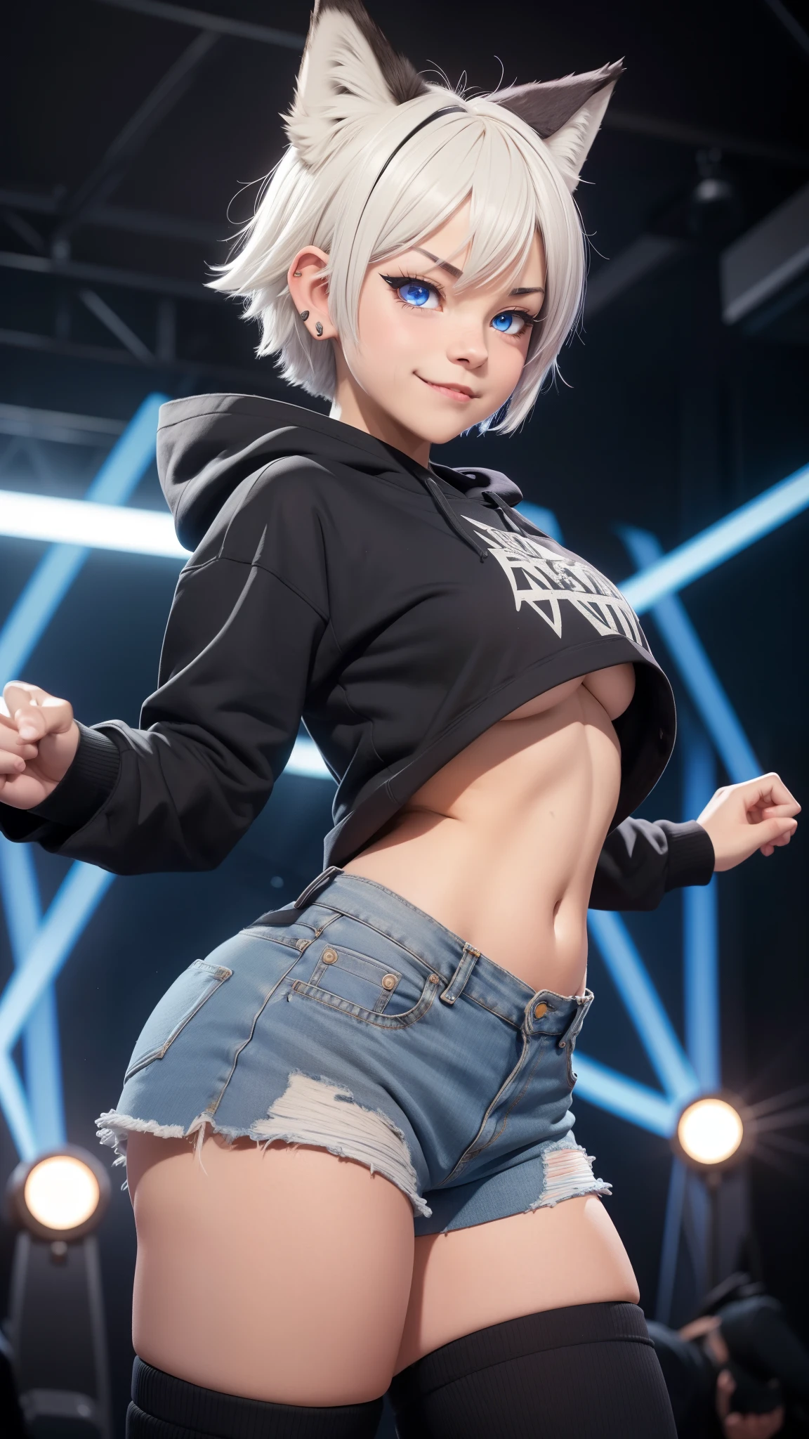 Masterpiece, wide smile, boyish girl with short (white hair), punk hair style, half shaved hair style, (horny face expression), has wolf ears, ((had wolf tail)), wearing denim shorts and a cropped black hoodie, thick thighs, wide hips, wearing thigh high socks, solo, alone, no wolves, showing belly, has glowing blue eyes, flat chest,Comics, fantasia, sfw, onis, dancing, action pose, sensual moving, moving body