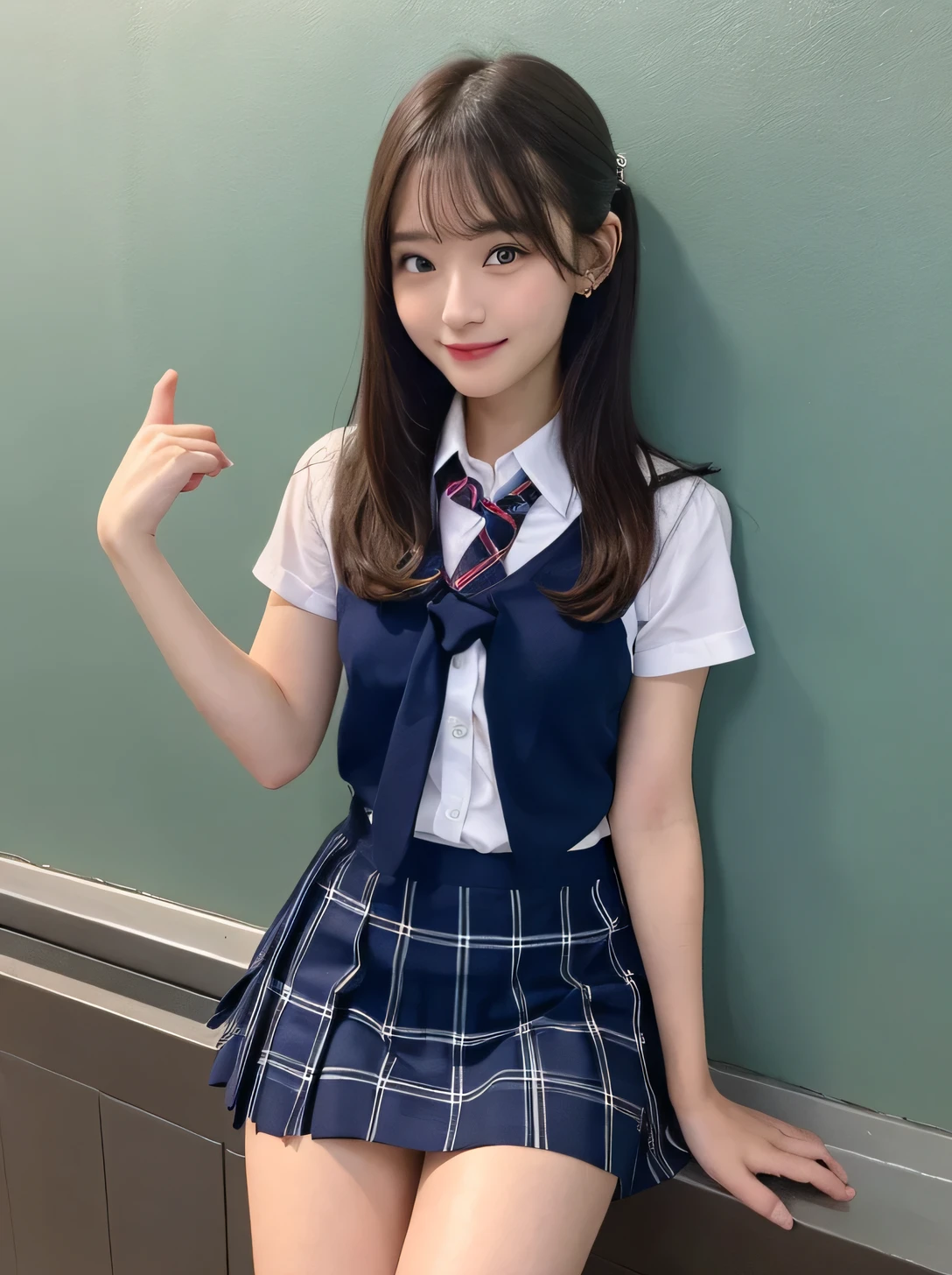 sexy、Slim body、Blonde、highest quality、figure、 Ultra-detailed、High resolution、8k wallpaper、Perfect dynamic composition,、Beautiful fine details、Natural color lip、Bold sexy pose、smile、、cute、Sexy shot looking at the camera、(highest quality: 1.3), (masterpiece: 1.3), (Super Detail: 1.3), (One Girl: 1.1), (Detailed hands and fingers:1.2)、(Ultra-oily, lustrous skin with attention to detail:1.1)、Oily shiny knee socks、(The perfect school girl uniform:1.3)、Short sleeve dress shirt、(Navy Blue Sleeveless :1.2)、(Beautiful shapely small breasts:1.3)、(Dark blue plaid mini skirt:1.2)、Sit with your legs apart、Blonde、short hair、ponytail、Beautiful sister、Pink wall