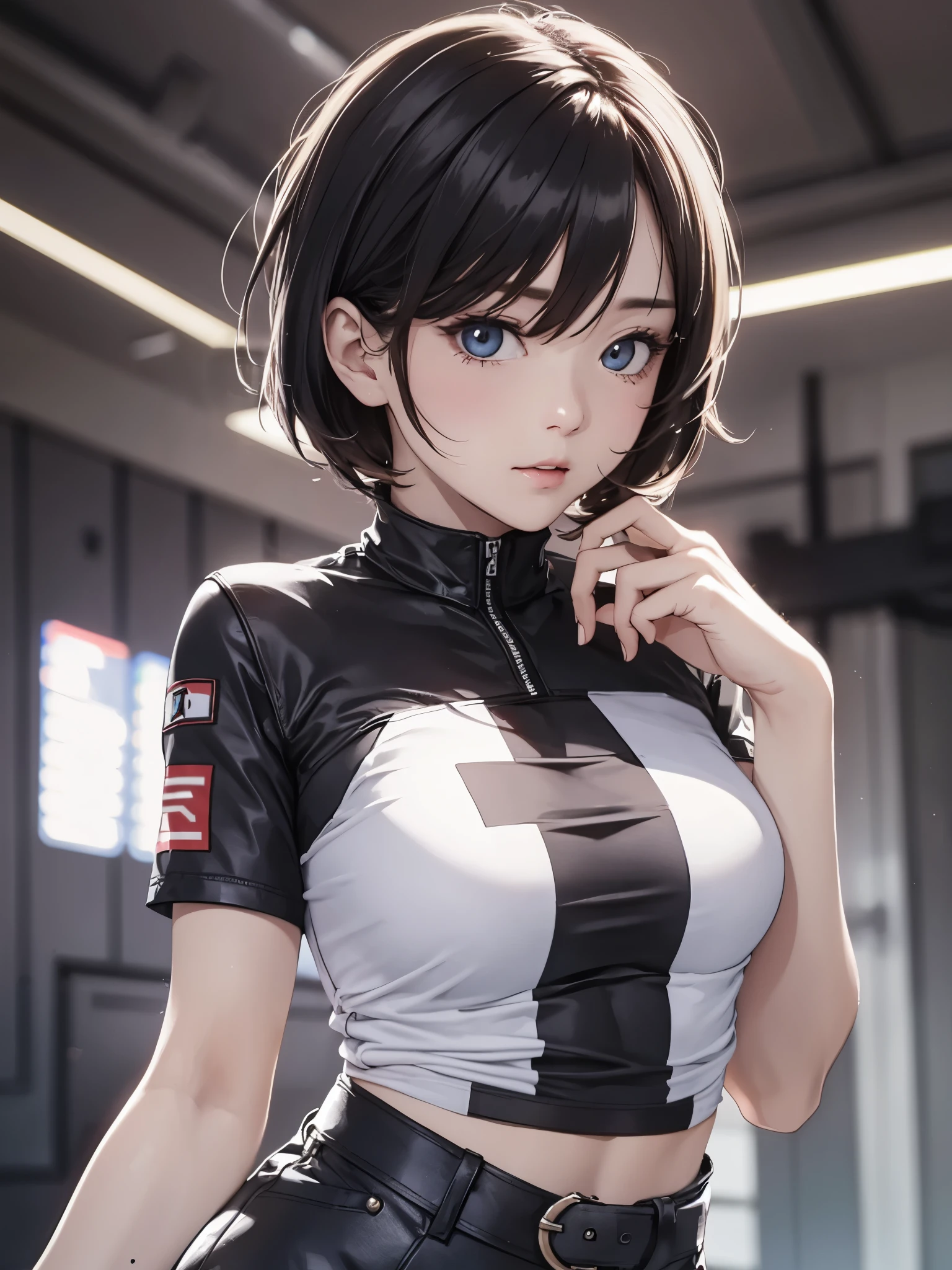 best quality, Ultra-high resolution, (Reality: 1.4), fair Eyes, Super fair, Very short hair, fair, Honey, Big chest T-shirt, fair Soldier, Attract the audience's eyes, lover's perspective, Invitation to express, Sexy smile, Perfect style, Perfect balance, Delicate skin, Naughty eyes, Visible chest