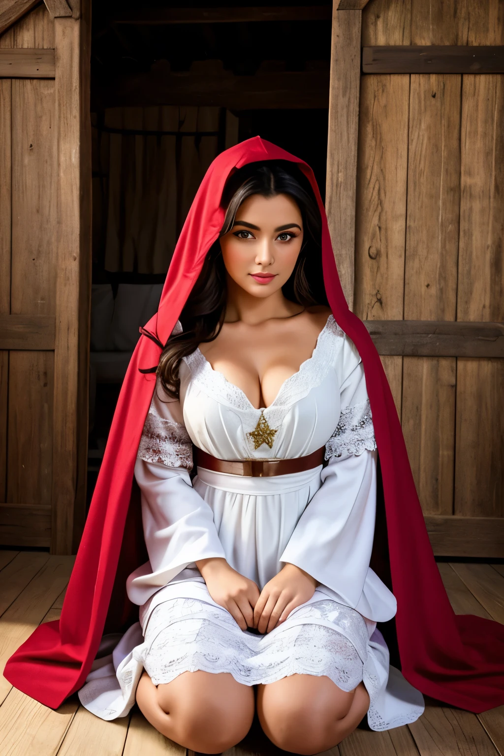 mulher loira com pele bem clara e rosto angelical, peitos grandes, wearing a long red cape with a hood and a rustic white medieval nightgown, kneeling on the floor, cansada e exausta, no meio de uma masmorra antiga ((medieval clothes)) ((lugar todo sujo e escuro)) ((sujeira por todo o corpo da mulher))