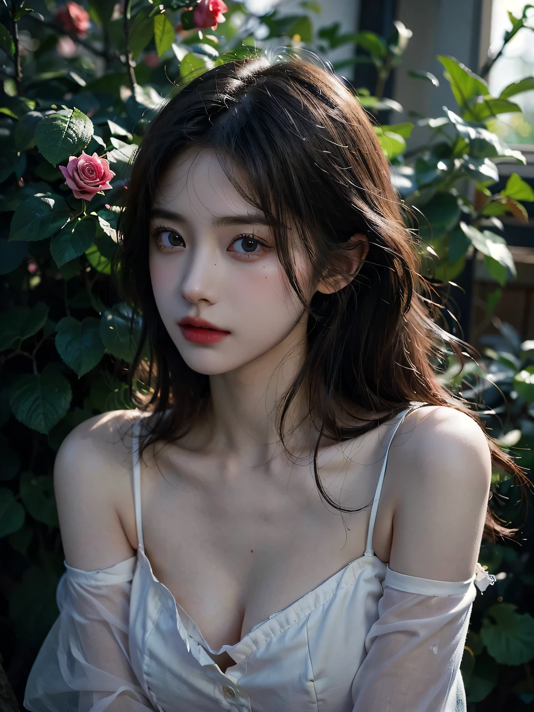 1girl, (looking at viewer:1.2), detail face, (a girl standing, rending on cgsociety, black shadows, Rose bush backdrop), romanticism, atmospheric, (RAW photo, best quality), (realistic, photo-realistic:1.3), masterpiece, an extremely delicate and beautiful, extremely detailed, D cup,Cleavage,Translucent lavender tube top1.5)
