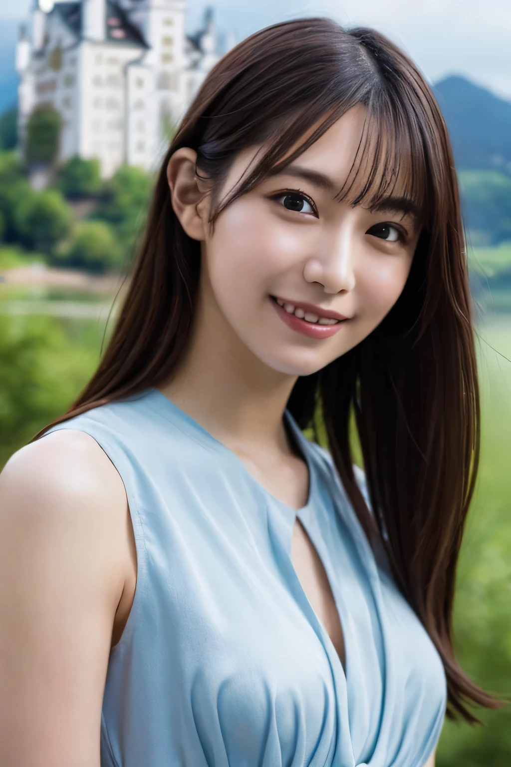 One Girl, (Wear a light blue dress:1.2), (Beautiful Japanese idol portrait photos),
(RAW Photos, highest quality), (Realistic, photo-Realistic:1.4), masterpiece, 8K Portrait,
Very delicate and beautiful, Very detailed, 2k wallpaper, wonderful, In detail, Very detailed CG unity 8k wallpaper, 
Very detailedな, High resolution, 
Soft Light, Beautiful detailed girl, Very detailed eyes and face, Beautiful and sophisticated nose, Beautiful details,
(Commemorative photo with Neuschwanstein Castle in the background:1.3), Cinema Lighting, 
Perfect Anatomy, Slender body, Small breasts, Semi-long hair, bangs, Bokeh, Dynamic Angle, A light smile,