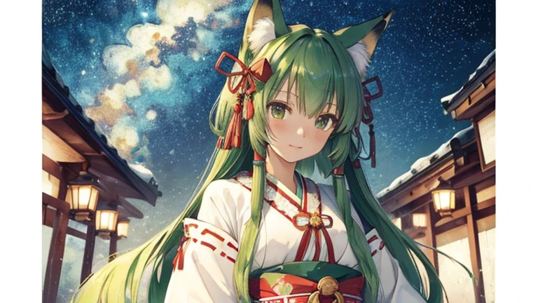 ((highest quality)), ((masterpiece)), (detailed),Starry Sky, Cute , Ainu traditional clothing, Fox ears, Green twin-tailed hair, Big bell, Big Red Ribbon,shrine