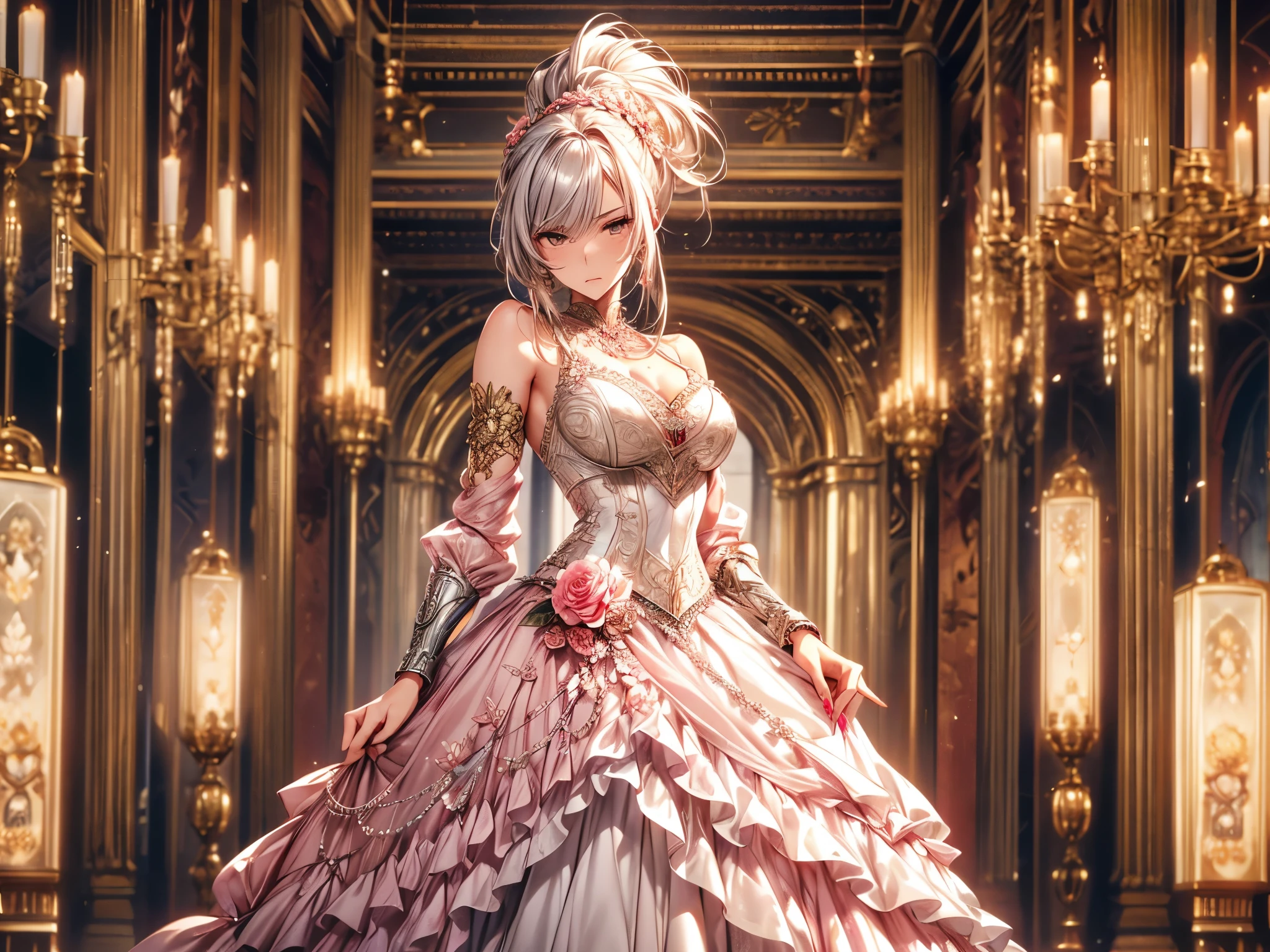 Miss, Serious, warrior, armor, elegant, Pink skirt, Noble, Silver, Long nails, Bare shoulders, hairstyle, hair, Braids and Ponytails, messy, arrogant, absurd, Detailed dress, royalties, celebration, Hall decorated with flowers, Cowboy shooting, portrait, (best quality), (masterpiece), (Very detailed), (4K), Octane Render