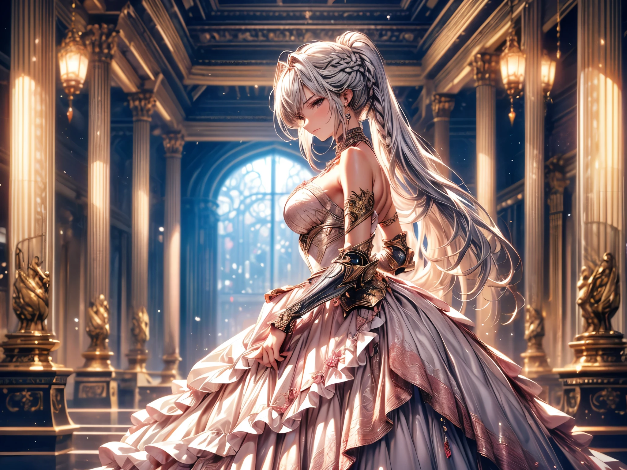 Miss, Serious, warrior, armor, elegant, Pink skirt, Noble, Silver, Long nails, Bare shoulders, hairstyle, hair, Braids and Ponytails, messy, arrogant, absurd, Detailed dress, royalties, celebration, Hall decorated with flowers, Cowboy shooting, portrait, (best quality), (masterpiece), (Very detailed), (4K), Octane Render