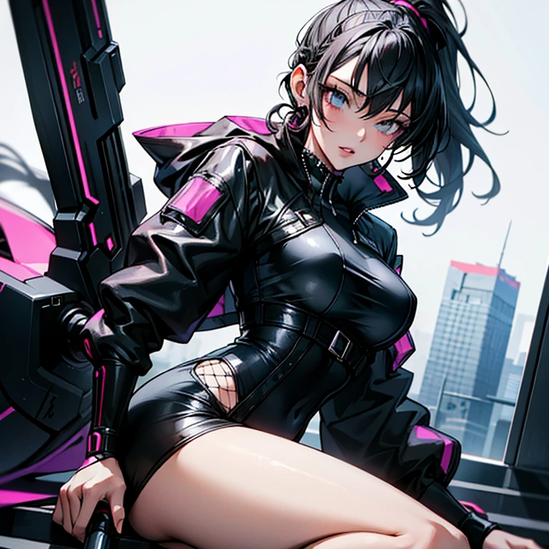 seulement 1 femme sexy adulte, grosses hanches dans un corset et une tenue noire et blanche, poitrine massive, white curly high ponytail, with fishnet on the breasts and can also be on the legs, tenue modeste, porter des vêtements techniques et une armure, tenue cyberpunk, porter des vêtements techniques japonais, tenue intrigante, tous les vêtements cyberpunk noirs, tenue de style cyberpunk, female cyberpunk animated girl, streetwear cyberpunk, robe cyberpunk, animated girl , photographie d'une femme techwear, cyberpunk animated girl, wearing streetwear cyberpunk, proportion normale d'une femme adulte, ni trop court ni trop gros, toute la photo dans des tons violets, NSFW