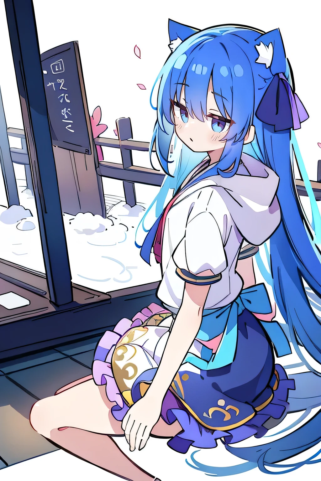 （masterpiece：1.2），Super detailed，lifelike，Expressive eyes，fair skin，perfect face shape，1 girl，
Japanese comics,Gorgeous blue hair,flowing blue hair,flowing clothes,Cat ears,Petals fall,beautiful lola,Baby Angel,
Shaking head with one hand，Cross your legs，Gentle and peaceful background，The pavilion is cool and comfortable,smile, wearing hoodie, background of tokyo,back views,snowing, winter.