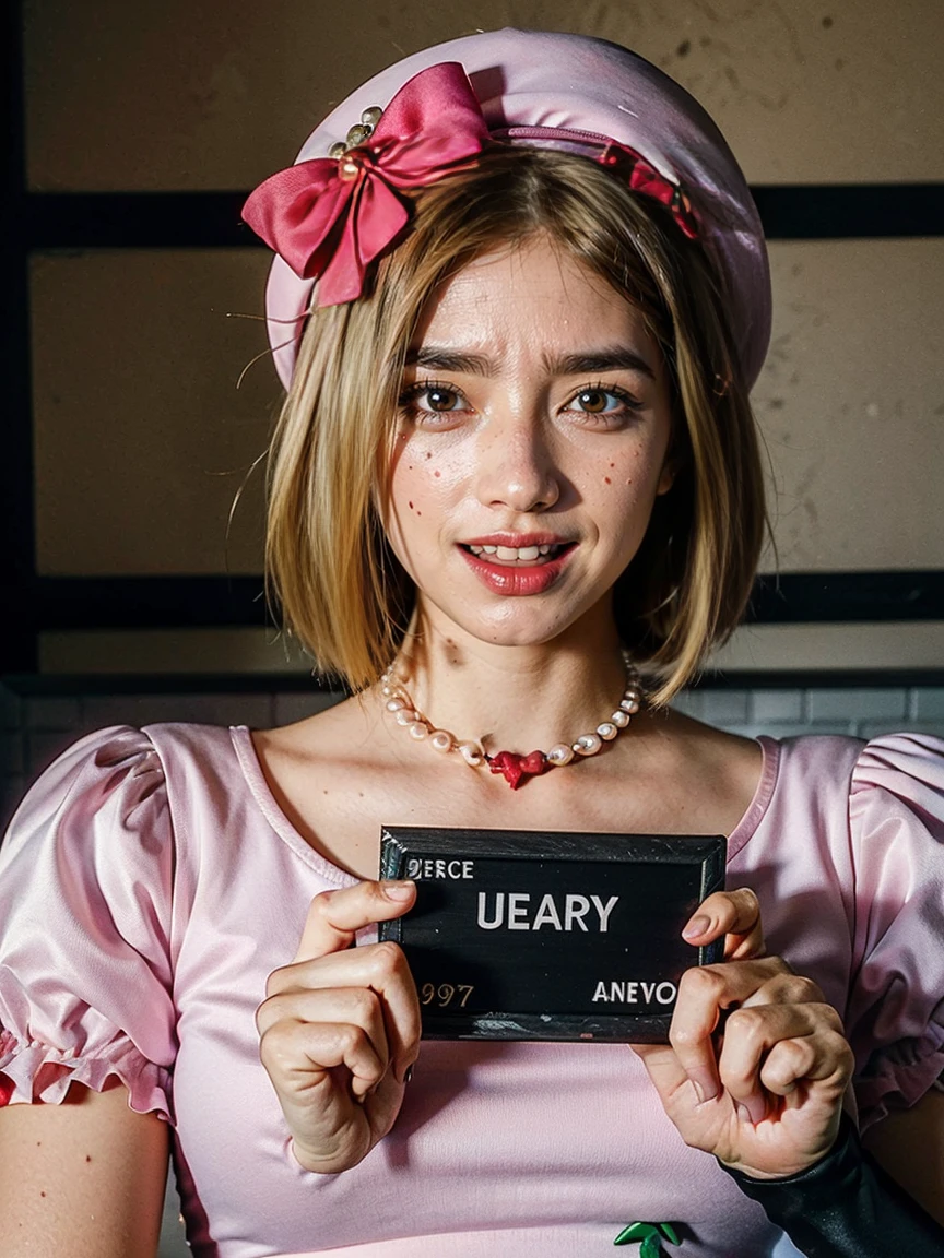 (1 lady), The beautiful, (Best quality at best:1.4), (ultra - detailed), (extremely detailed CG unified 16k), gold blonde hair, very detailed, High-definition RAW color photo, professional photoshooting, amazing face and eyes, cosmetics, (amazingly beautiful girl), ((lambdadelta, tall woman, taller)), ((dress, red bow, pink hat, necklace, gloves, pearl, pumpkin brooch, pink dress)), standing, sexyposture，(look from down), realistic cinematic face, photorealistic, ((realistic natural blonde hair style, honey eyes)), gorgeous, extremely beautiful face, perfect model beauty, mad laughter, cleavages, city girl, (masterpiece), best quality, high resolution, extremely detailed, blurred background, depth of field, cinematic lighting, clear and well-cared skin