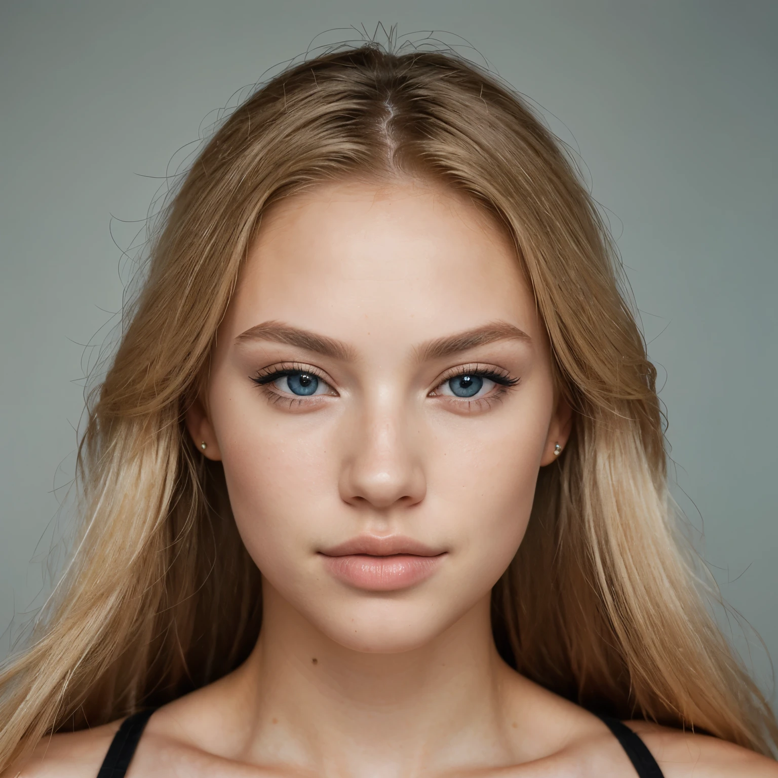 close up of an Instagram model, looking directly at the camera, with long blonde hair and blue eyes, with very large lips, posing for the camera. She has smooth facial skin, with defined facial features such as full lips and well-defined cheekbones. The background is white, which brings out the details of her face. Her facial expression should be confident yet gentle, reflecting beauty and confidence in both her body language and makeup style. slightly plump face, large lips, very large lips, long blonde hair, blue-gray eyes, very realistic (realistic, photorealistic) very ultra-textured skin, very textured skin, hyper texture on the face, no hair on the face, large lips, small nose , very beautiful, with Kazakh roots. Shot in Nikon D850 style with Nikkor 24-70mm f/3.