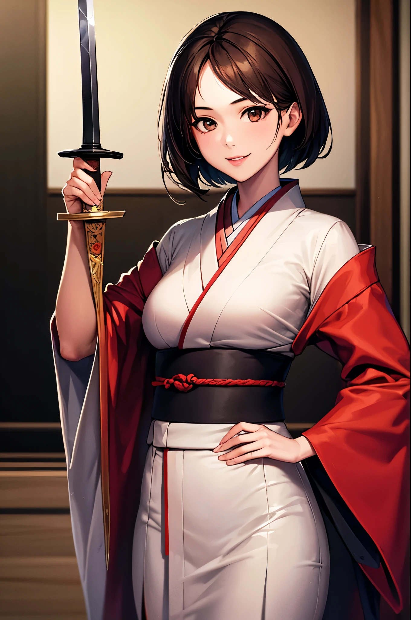 One girl, alone, kimono, short hair, arms, sword, Brown eyes, View your viewers, kimono, Brown Hair, lips, Hands on hips, sheath, smile, knife, Black Hair, Upper Body, Mouth closed, sheathed, Raise your hand
