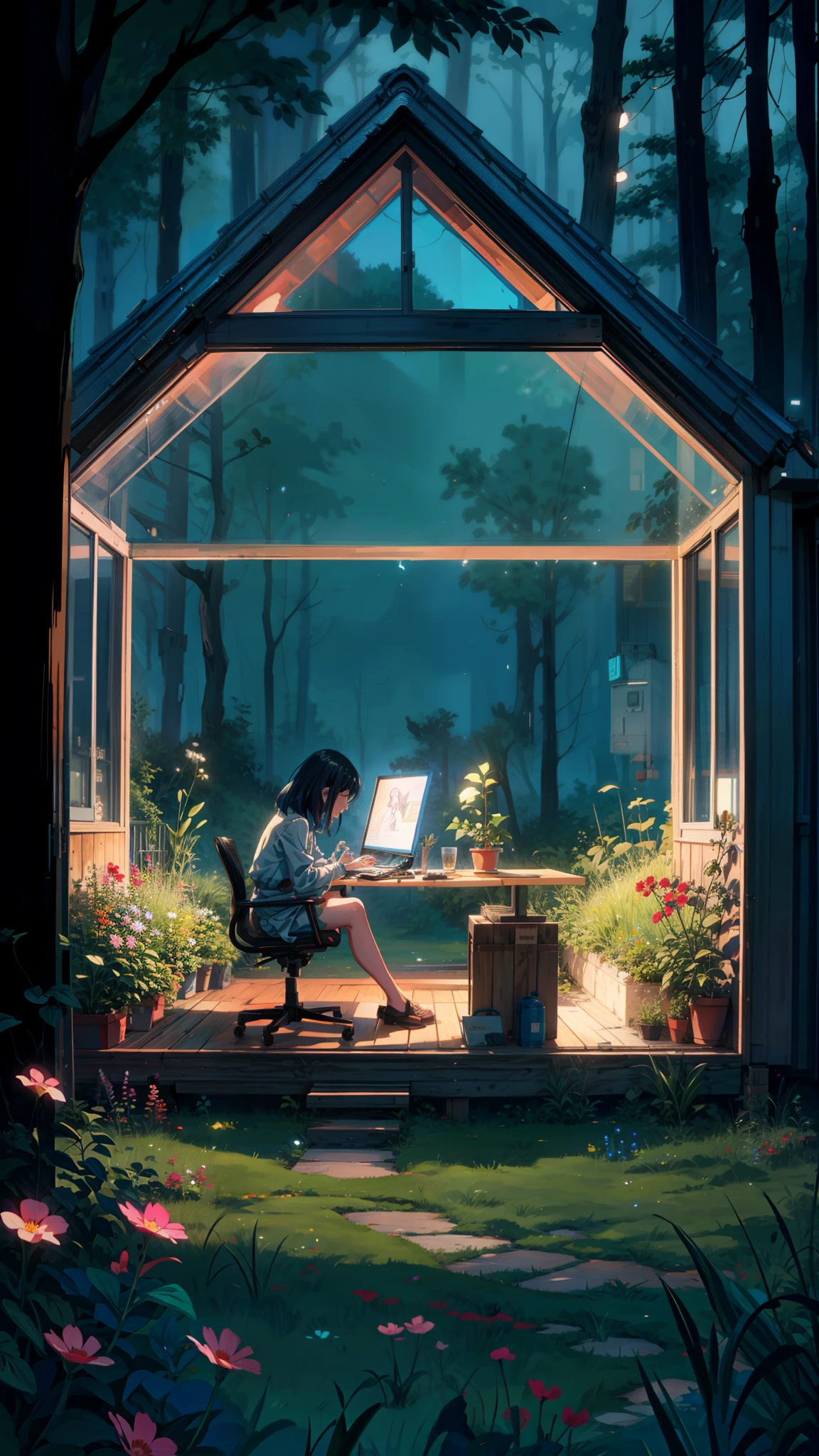 a painting of a girl sitting on chair working on laptop in a glass transparent cabin in the woods, fairy lights, grass, multicolored flowers, lo-fi, lofi art style, by Atey Ghailan, simin stalenhag, inspired by Pascale Campion, neon lights, blurry and dreamy illustration, ( ( ( yoshinari yoh ) ) ), loish and goro fujita, by Pascale Campion, tuomas korpi and wlop, Simon Stellenhag, 4k hd,, beautiful art uhd 4 k, a beautiful artwork illustration, beautiful digital painting, highly detailed digital painting, beautiful digital artwork, detailed painting 4 k, very detailed digital painting, rich picturesque colors, gorgeous digital painting, saturated, no human