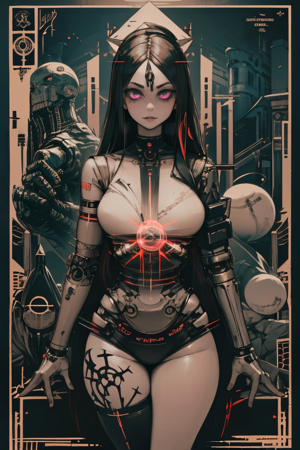 depicts a modern-day witch who has embraced the world of cybernetics to enhance her magical abilities. The artwork should convey the enchanting blend of traditional witchcraft and futuristic technology. Here are some specific elements to include: The Witch's Lair: The setting should be a cozy yet slightly eerie room, filled with magical books, crystal balls, potion ingredients, and antique furnishings. The room should be dimly lit by candles and a soft, mystical glow emanating from her cybernetic enhancements. The Cyborg Witch: The central focus of the artwork is the witch herself. She's a striking figure with a mix of traditional witch attire and cybernetic enhancements. Her clothing should have a witchy, occult aesthetic, with flowing robes, a pointed hat, and an intricate pentagram necklace. Her arms, however, have been upgraded with cybernetic components that incorporate magical symbols and glowing runes. Magical Interface: The witch is in the midst of casting a spell, with a holographic, touch-screen interface floating before her. This interface includes spell incantations, arcane symbols, and digital components, demonstrating her fusion of magic and technology. Spell Ingredients: On a nearby table, there should be a collection of spell ingredients, like herbs, potions, and magical artifacts. Some of these items may have been modified with cybernetic enhancements, blurring the line between the natural and the technological. Familiar: The witch's familiar, perhaps a cat or raven, should be present in the scene, serving as her magical companion. The familiar could also have subtle cybernetic enhancements or glowing eyes. Glowing Runes: The room should be adorned with ancient symbols and glowing runes on the walls and floor, contributing to the magical atmosphere. Aetherial Lighting: Use a combination of mystical, ethereal lighting and cybernetic glows to create a captivating interplay of light and shadow. The contrast between the tradit