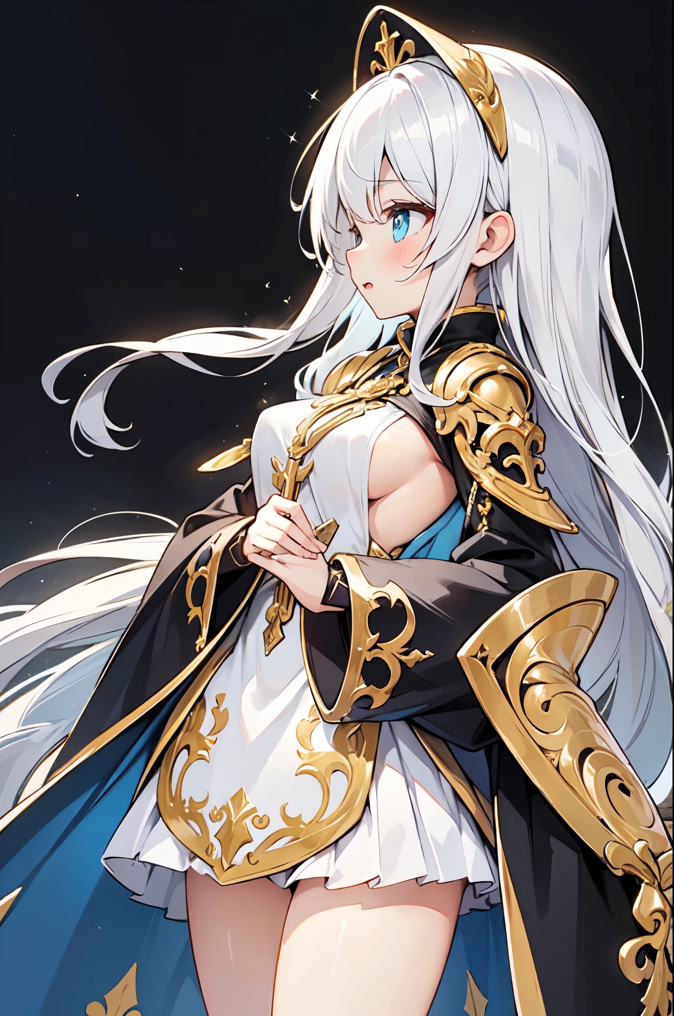 (highest quality)、((Super detailed))、(Ultra delicate)、Cute Pope、、Silver Hair、Beautiful breasts、Beautiful thighs、Gorgeous gold and silver vestments、Fantastic Light、god々しいgod殿、Holy Prayer、profile、Sideboob