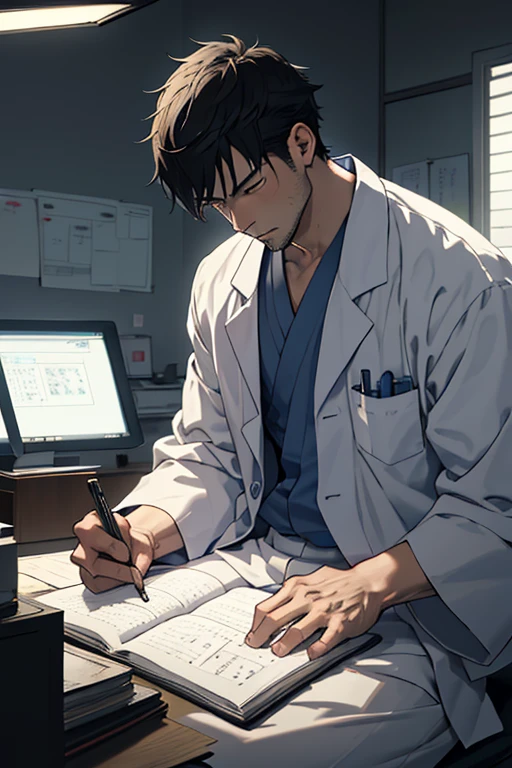 Draw a doctor around 36 Years old, sitting on his dest at his own clinic, which is japanese style. He is studying with a notebook. Dramatic lighting from a street light through a window casting deep shadows on his lab gown. The young man looks confident and determined look