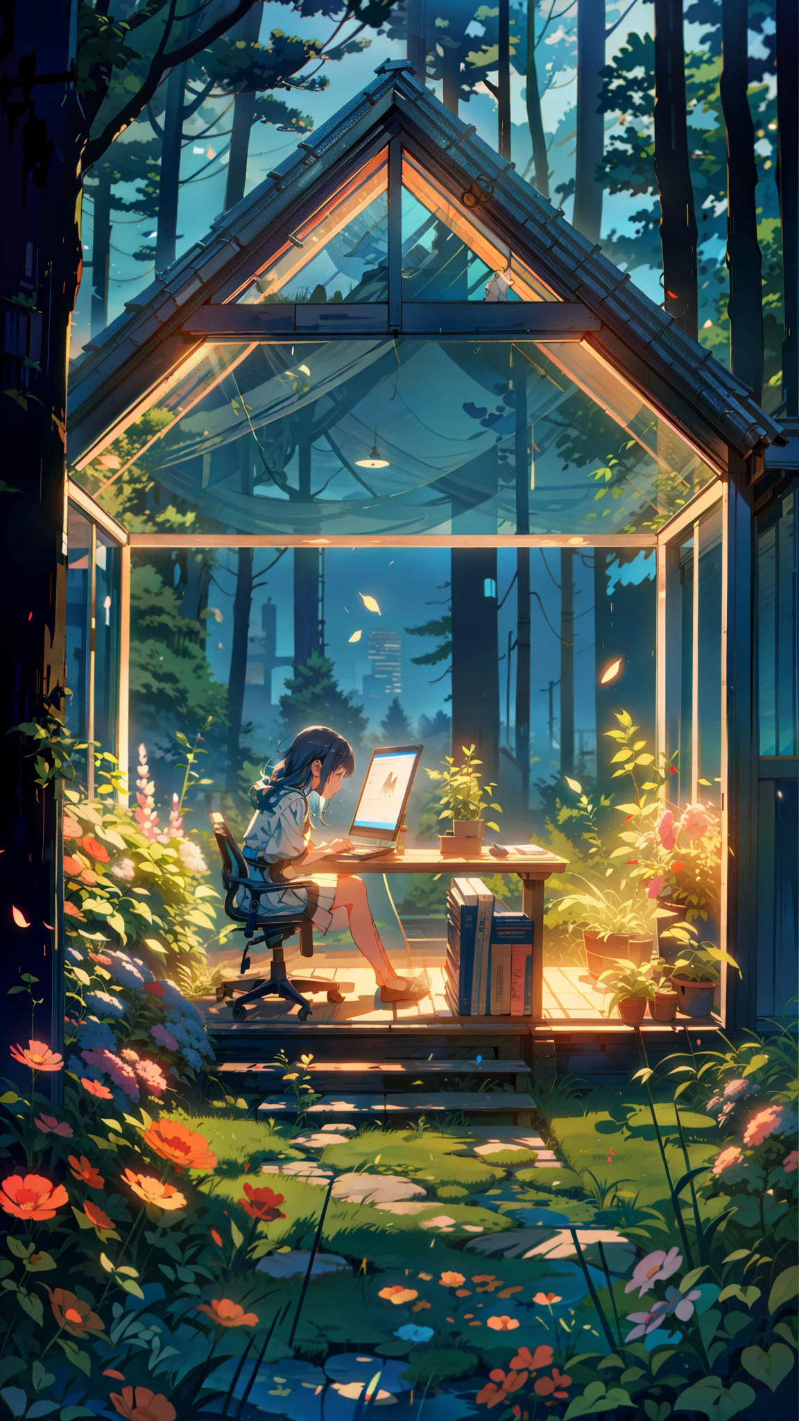 a painting of a girl sitting on chair working on laptop in a glass transparent cabin in the woods, fairy lights, grass, multicolored flowers, lo-fi, lofi art style, by Atey Ghailan, simin stalenhag, inspired by Pascale Campion, neon lights, blurry and dreamy illustration, ( ( ( yoshinari yoh ) ) ), loish and goro fujita, by Pascale Campion, tuomas korpi and wlop, Simon Stellenhag, 4k hd,, beautiful art uhd 4 k, a beautiful artwork illustration, beautiful digital painting, highly detailed digital painting, beautiful digital artwork, detailed painting 4 k, very detailed digital painting, rich picturesque colors, gorgeous digital painting, saturated, no human