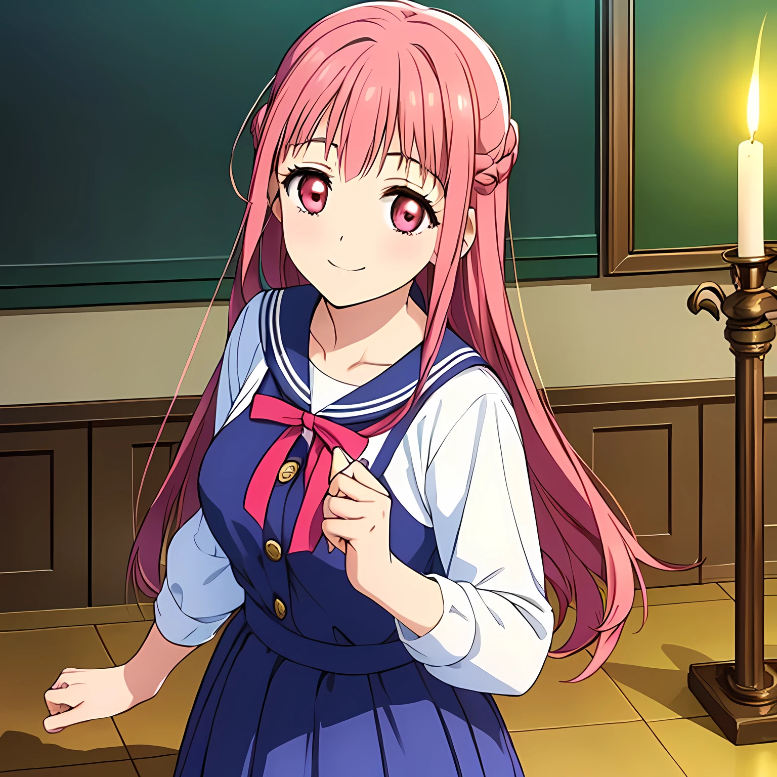 highest quality, (masterpiece:1.2), Very detailed, ((A very beautiful girl is looking at the viewer in a very dark room)), ((16 years old)), (((Beautiful long, very shiny peach-colored hair))), She has a big yellow ribbon in her hair., ((Navy blue sailor suit)), ((Navy blue pleated long skirt)), ((((Very beautiful and shining deep pink eyes)))), ((Very long eyelashes)), A large crimson ribbon on the chest, ((An elegant expression like a noble princess)), (((Mysterious Smile))), ((slender)), Very good posture, Shot from above, ((Sabbath)), (((There is a candle in a dark room))), Black Altar, Black Wall, There are several portraits of beautiful black women on display.