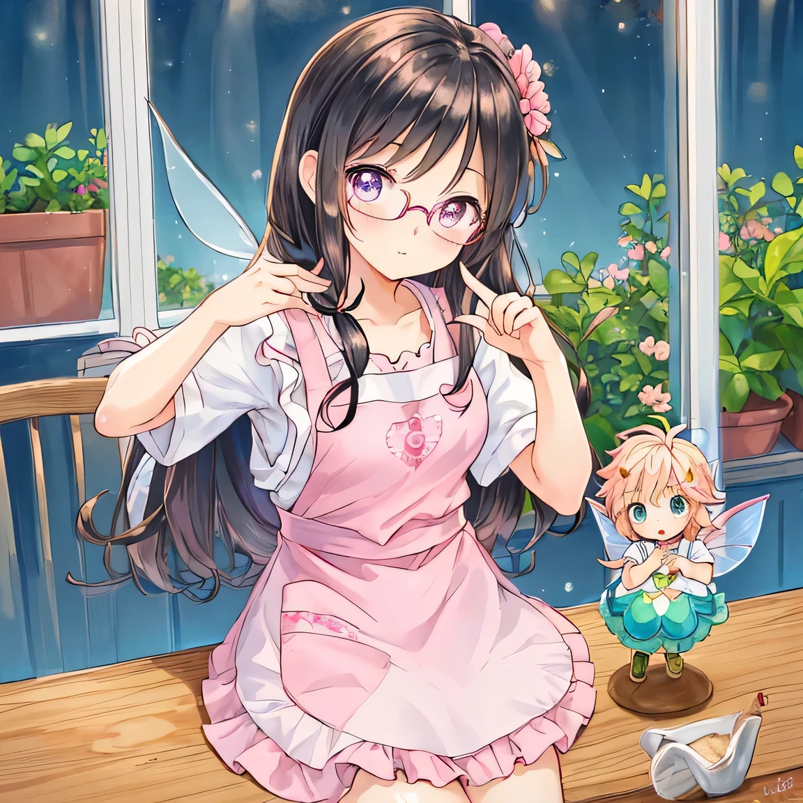 ((masterpiece)), ((best quality)), (ultra-detailed), ((kawaii)), cute, (lovely), illustration, anime style, upper body, upper body focus, kitchen, pastel color apron, (beautiful eyes), beautiful black hair, Long hair, hair is tied back, slim, slender, medium breast, glasses, sitting, (((a pink adhesive plaster on his pinky finger))), A pot for stewing on the table, (((A little fairy personifying an onion standing on the table))), An onion fairy comforting a .