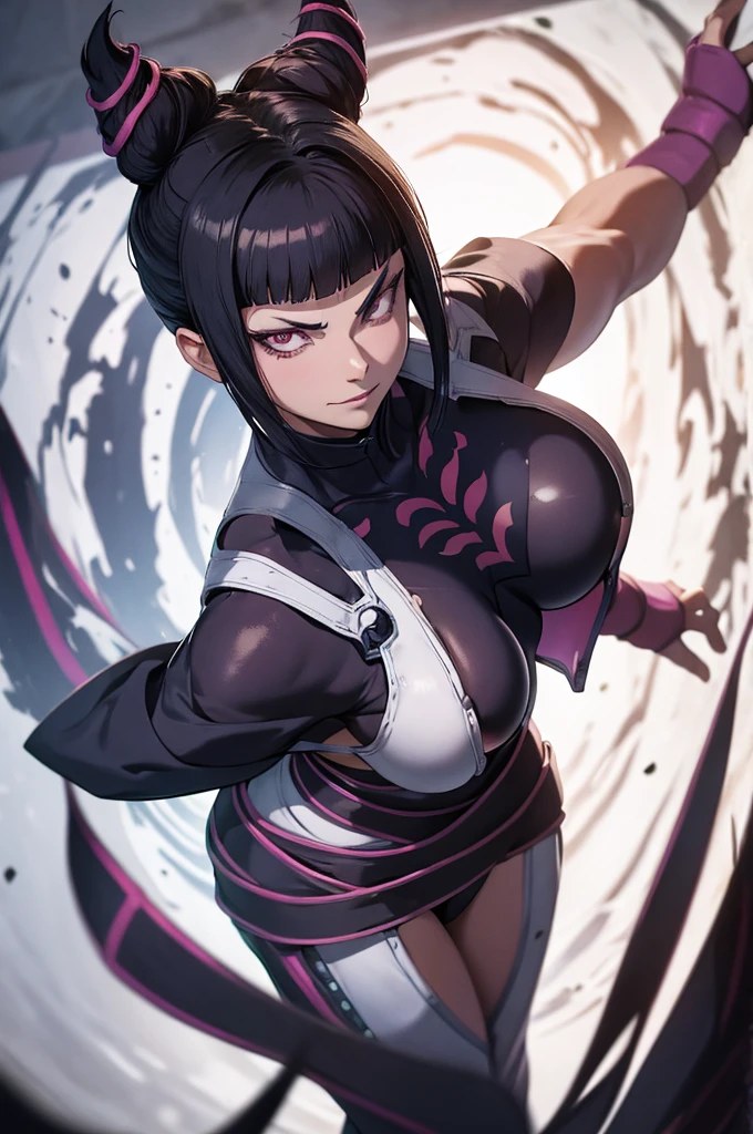 melhor qualidade,roupa azul,juri han,solo, masterpiece, best quality, agrias, grey sweater, black leotard, standing, looking at viewer, short hair,oculos,evil smile, evil look,luvas preta,roupa azul,yandere rosto,low lighting,coxa sarada copo detalhado,olhando para frente juri han,bela