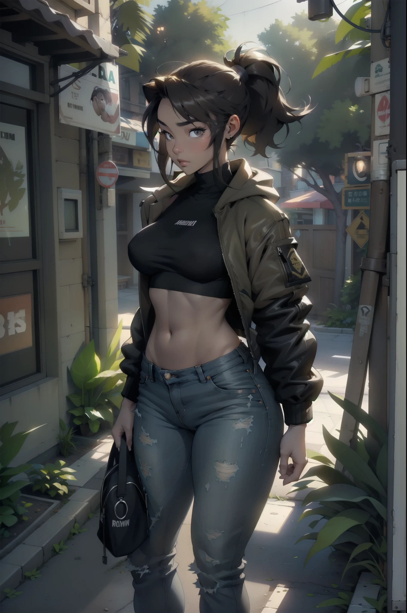 beautiful young woman, 4k, high quality, dynamic light, godrays, beautiful lighting, dynamic lighting and shadows, light through foliage, big breasts, highlights, shining skin, glowing lights, bright reflections, shimmering light reflections, street clothes, hat, long brown hair in ponytail, jacket, layers of clothing, urban wear, pants, hoodie, bomber jacket, black shirt, asian, navel exposed, looking up at viewer, viewer looking down, top down shot, looking up, viewed from above, perspective, tight toned stomach, young toned stomach, thin waist