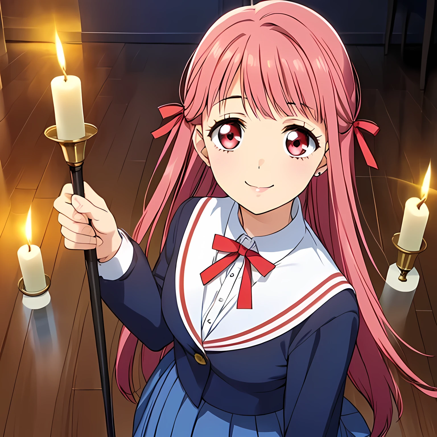 highest quality, (masterpiece:1.2), Very detailed, ((A very beautiful girl is looking at the viewer in a very dark room)), ((16 years old)), (((Beautiful long, very shiny peach-colored hair))), She has a big yellow ribbon in her hair., ((Navy blue sailor suit)), ((Navy blue pleated long skirt)), ((((Very beautiful and shining deep pink eyes)))), ((Very long eyelashes)), A large crimson ribbon on the chest, ((An elegant expression like a noble princess)), (((Mysterious Smile))), ((slender)), Very good posture, Shot from above, ((Sabbath)), (((There is a candle in a dark room))), Black Altar, Black Wall, There are several portraits of beautiful black women on display.