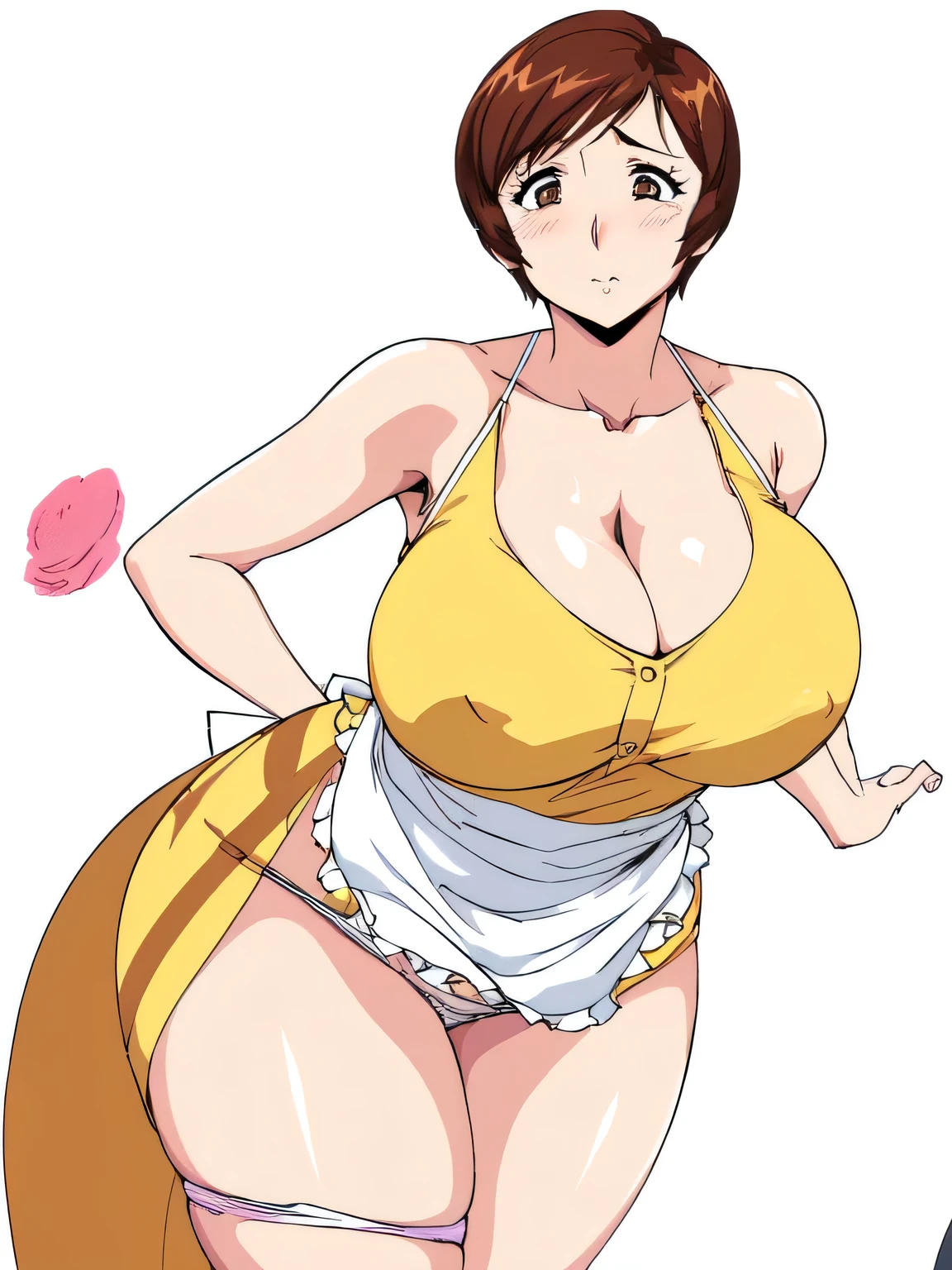 masterpiece, highest quality, High resolution, 1girl, 1boy, The man is obese and has a shaved head., ((((Sexual intercourse, porn image, hard porn)))), short hair, etsukoto, Detailed eyes, Detailed eyes, (((thick thighs, plamp thighs, voluptuous thighs, ample thighs))), Big and ample breasts, cleavage, Huge long breasts, Naughty big,((Big breasts are important))、((Naughty thighs)), L Cup, (thin:1.4),(Thin waist:1.4), (Perfect beautiful yellow dress:1.4), ((White waist apron)), Embarrassed look, look away, (((simple background))), ((white panty)), ((wide hips)), Shiny oily skin, Mature mother, Calf, Seductive mature woman, Perfect body, ((flesy)), Plus Size Model, etsukoto, blush, clavicle, retro artstyle, 1990s (style), ((There is a naked man、Panties being pulled up by a man)), naked, nsfw,