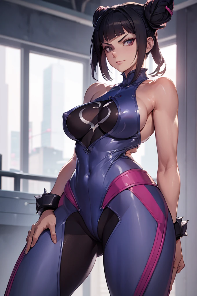 melhor qualidade,roupa azul,juri han,solo, masterpiece, best quality, agrias, grey sweater, black leotard, standing, looking at viewer, short hair,oculos,evil smile, evil look,luvas preta,roupa azul,yandere rosto,low lighting,coxa sarada copo detalhado,olhando para frente juri han,bela
