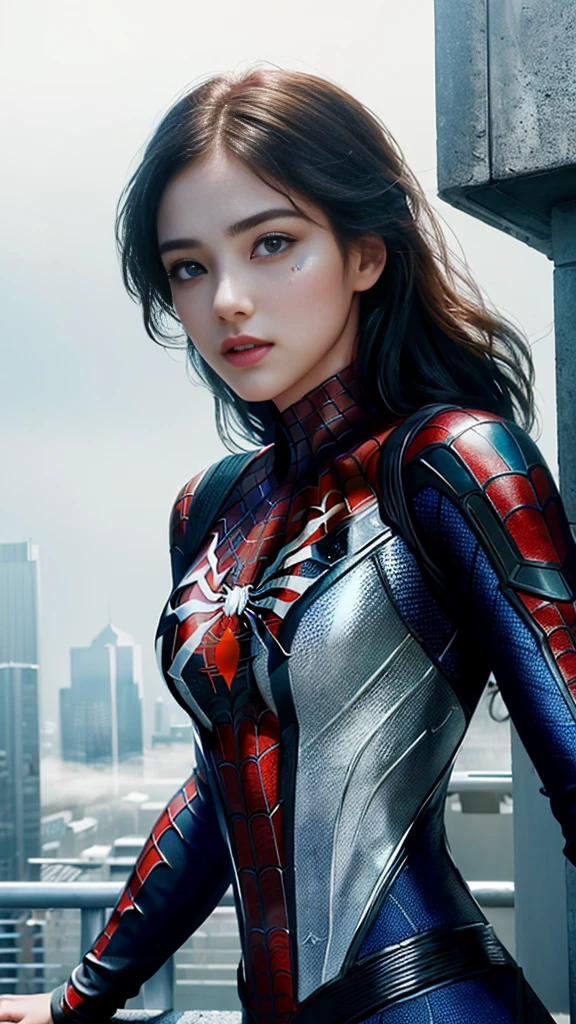 (1girl:1.3), Solo, (((Very detailed face)))), ((Very detailed eyes and face)))), Beautiful detail eyes, Body parts__, Official art, Unified 8k wallpaper, Super detailed, beautiful and beautiful, beautiful, masterpiece, best quality, original, masterpiece, super fine photo, best quality, super high resolution, realistic realism, sunlight, full body portrait, amazing beauty, dynamic pose, delicate face, vibrant eyes, (from the front), She wears Spider-Man suit, red and black color scheme, spider, very detailed city roof background, rooftop, overlooking the city, detailed face, detailed complex busy background, messy, gorgeous, milky white, highly detailed skin, realistic skin details, visible pores, clear focus, volumetric fog, 8k uhd, DSLR, high quality, film grain, fair skin, photo realism, lomography, futuristic dystopian megalopolis, translucent