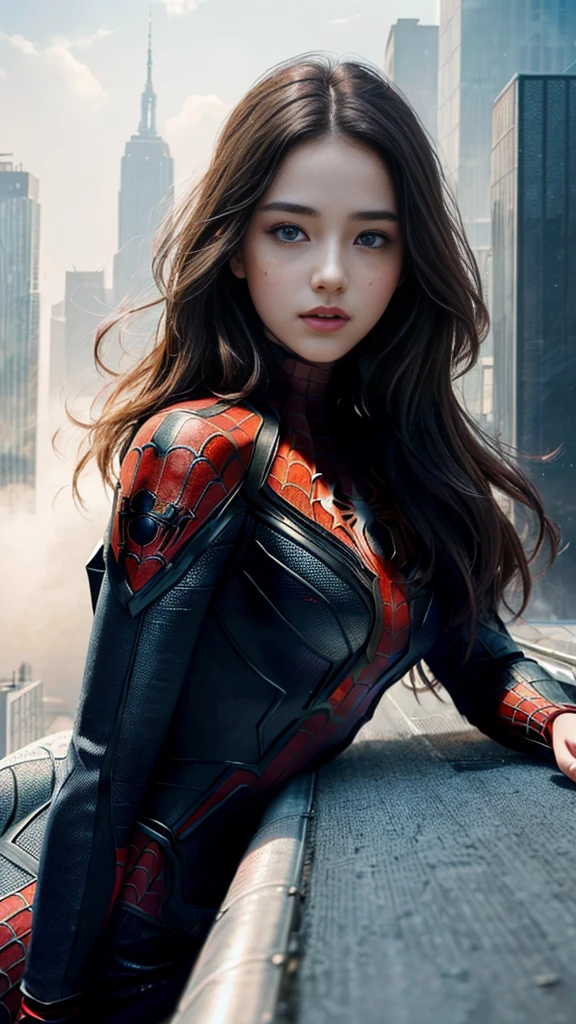 (1girl:1.3), Solo, (((Very detailed face)))), ((Very detailed eyes and face)))), Beautiful detail eyes, Body parts__, Official art, Unified 8k wallpaper, Super detailed, beautiful and beautiful, beautiful, masterpiece, best quality, original, masterpiece, super fine photo, best quality, super high resolution, realistic realism, sunlight, full body portrait, amazing beauty, dynamic pose, delicate face, vibrant eyes, (from the front), She wears Spider-Man suit, red and black color scheme, spider, very detailed city roof background, rooftop, overlooking the city, detailed face, detailed complex busy background, messy, gorgeous, milky white, highly detailed skin, realistic skin details, visible pores, clear focus, volumetric fog, 8k uhd, DSLR, high quality, film grain, fair skin, photo realism, lomography, futuristic dystopian megalopolis, translucent