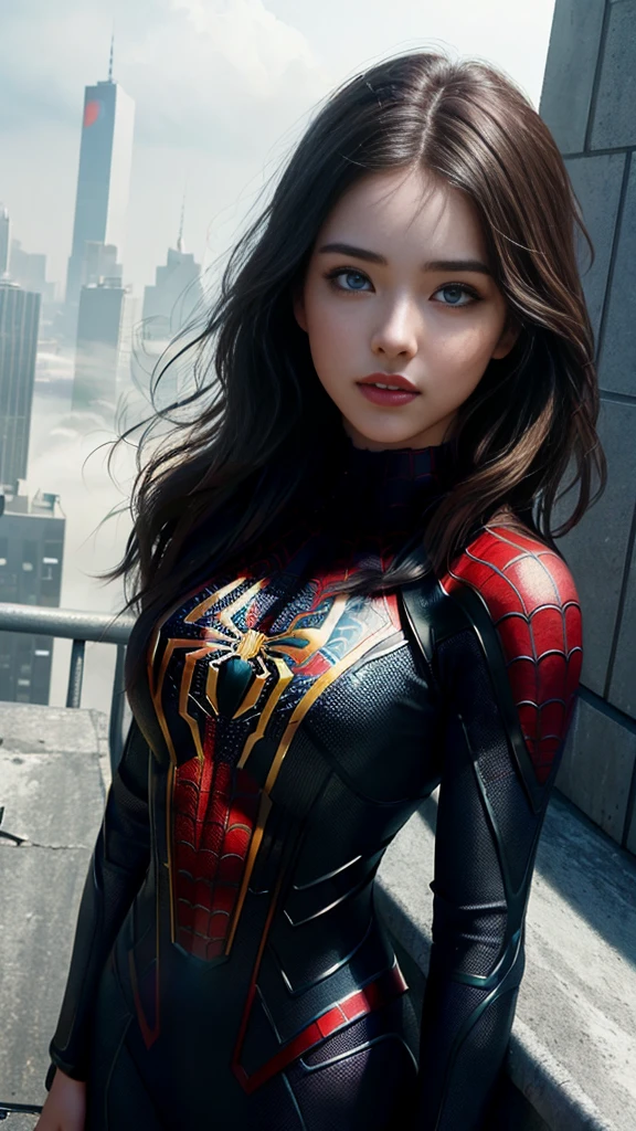 (1girl:1.3), Solo, (((Very detailed face)))), ((Very detailed eyes and face)))), Beautiful detail eyes, Body parts__, Official art, Unified 8k wallpaper, Super detailed, beautiful and beautiful, beautiful, masterpiece, best quality, original, masterpiece, super fine photo, best quality, super high resolution, realistic realism, sunlight, full body portrait, amazing beauty, dynamic pose, delicate face, vibrant eyes, (from the front), She wears Spider-Man suit, red and black color scheme, spider, very detailed city roof background, rooftop, overlooking the city, detailed face, detailed complex busy background, messy, gorgeous, milky white, highly detailed skin, realistic skin details, visible pores, clear focus, volumetric fog, 8k uhd, DSLR, high quality, film grain, fair skin, photo realism, lomography, futuristic dystopian megalopolis, translucent