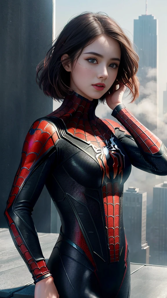 (1girl:1.3), Solo, (((Very detailed face)))), ((Very detailed eyes and face)))), Beautiful detail eyes, Body parts__, Official art, Unified 8k wallpaper, Super detailed, beautiful and beautiful, beautiful, masterpiece, best quality, original, masterpiece, super fine photo, best quality, super high resolution, realistic realism, sunlight, full body portrait, amazing beauty, dynamic pose, delicate face, vibrant eyes, (from the front), She wears Spider-Man suit, red and black color scheme, spider, very detailed city roof background, rooftop, overlooking the city, detailed face, detailed complex busy background, messy, gorgeous, milky white, highly detailed skin, realistic skin details, visible pores, clear focus, volumetric fog, 8k uhd, DSLR, high quality, film grain, fair skin, photo realism, lomography, futuristic dystopian megalopolis, translucent