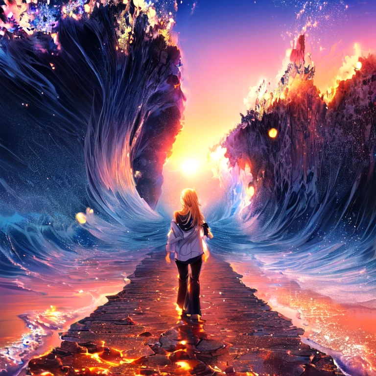 Anime girl walking on the beach, Wallpaper Anime Blue Water, Anime girl walking on water, Beautiful peaceful scene in anime, Beautiful Anime scene, blue sea, Beautiful Anime artwork, Beautiful Anime art, ultra HD Anime Wallpaper, 4k anime wallpaper, HD Anime Wallpaper, Anime Background, makoto shinkai cyril rolando, Beautiful Anime, Anime HD Wallpaper, dirt road,sunset sky, dry road,blue sea , water wall, 