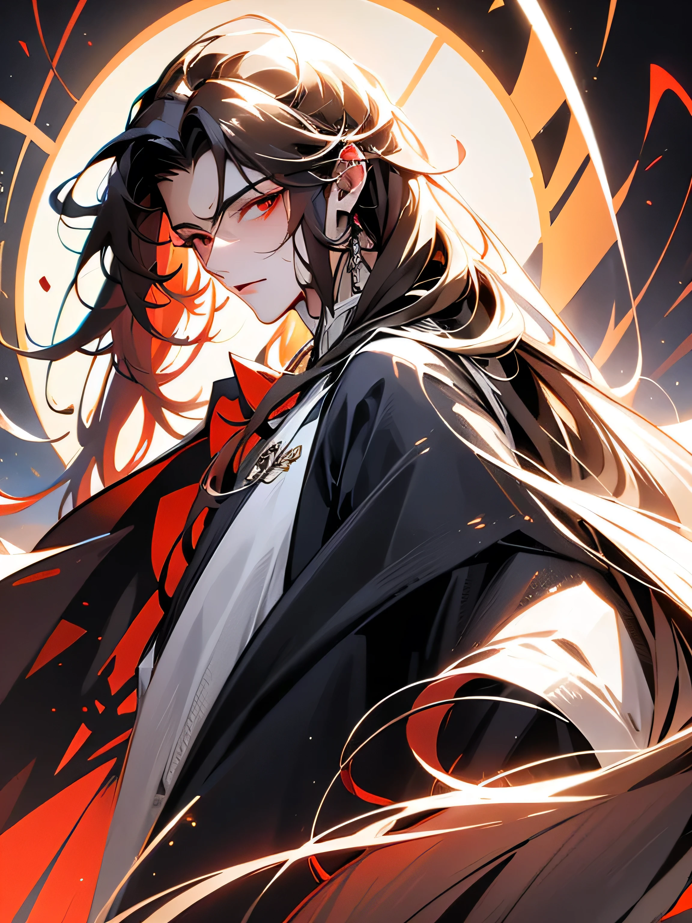 A tall handsome man with messy long hair and blood red eyes