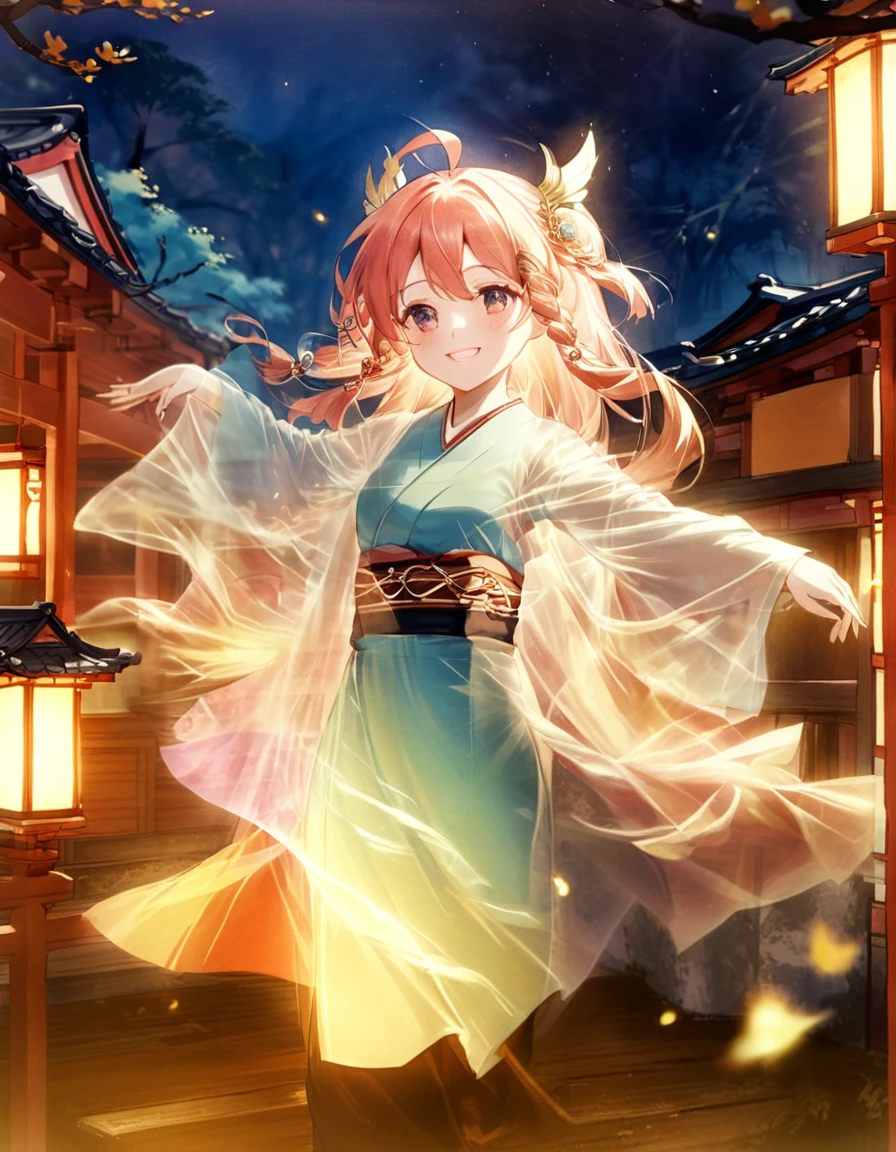 Edo period, old Japan, Dufaycolor photograph. Vintage color palette, distinctive color rendering, soft and dreamy atmosphere, historical charm, unique color process, grainy texture, evocative mood, nostalgic aesthetic, hand-tinted appearance, artistic patina. kawaii, cute, stunning art, close up face, smile, The yokai Furi-Furi Obake is (adorned in fluttering, frilly garments:1.5), floating softly in the air. Its form is as graceful as if performing a light dance, playfully swaying the air around it. This spirit captivates people with its mysterious allure, adding color to the darkness of the night, in-depth study of perfection, created by a master. best quality, high resolution
