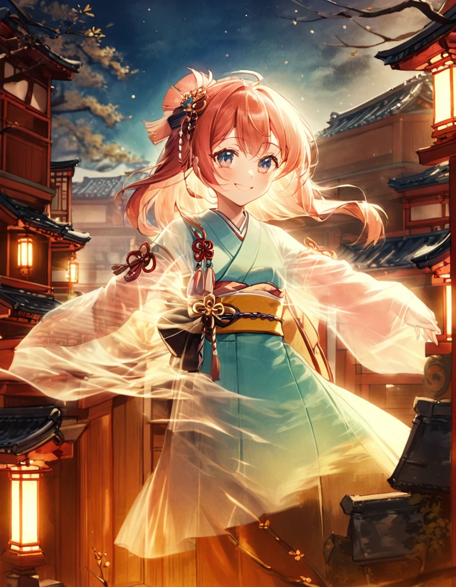 Edo period, old Japan, Dufaycolor photograph. Vintage color palette, distinctive color rendering, soft and dreamy atmosphere, historical charm, unique color process, grainy texture, evocative mood, nostalgic aesthetic, hand-tinted appearance, artistic patina. kawaii, cute, stunning art, close up face, smile, The yokai Furi-Furi ke is (adorned in fluttering, frilly garments:1.5), floating softly in the air. Its form is as graceful as if performing a light dance, playfully swaying the air around it. This spirit captivates people with its mysterious allure, adding color to the darkness of the night, in-depth study of perfection, created by a master. best quality, high resolution