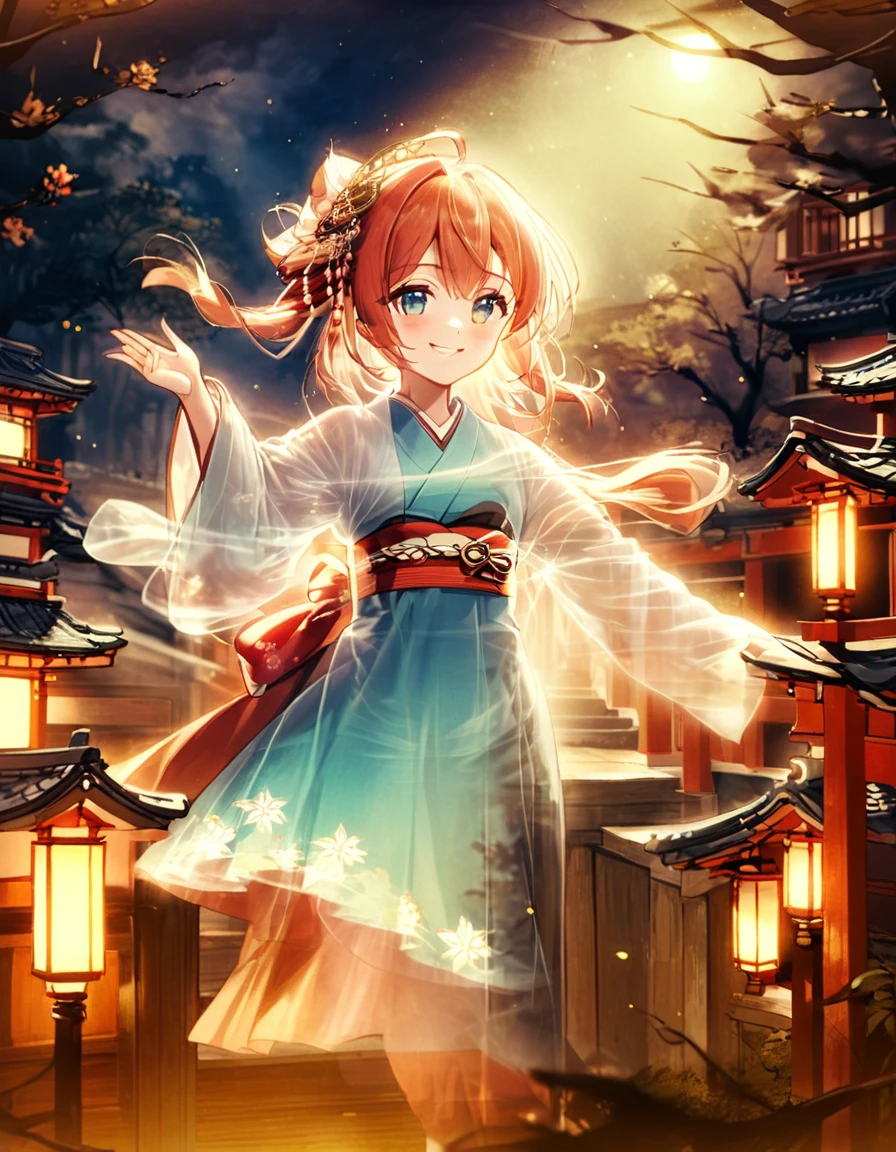 Edo period, old Japan, Dufaycolor photograph. Vintage color palette, distinctive color rendering, soft and dreamy atmosphere, historical charm, unique color process, grainy texture, evocative mood, nostalgic aesthetic, hand-tinted appearance, artistic patina. kawaii, cute, stunning art, close up face, smile, The yokai Furi-Furi Obake is (adorned in fluttering, frilly garments:1.5), floating softly in the air. Its form is as graceful as if performing a light dance, playfully swaying the air around it. This spirit captivates people with its mysterious allure, adding color to the darkness of the night, in-depth study of perfection, created by a master. best quality, high resolution