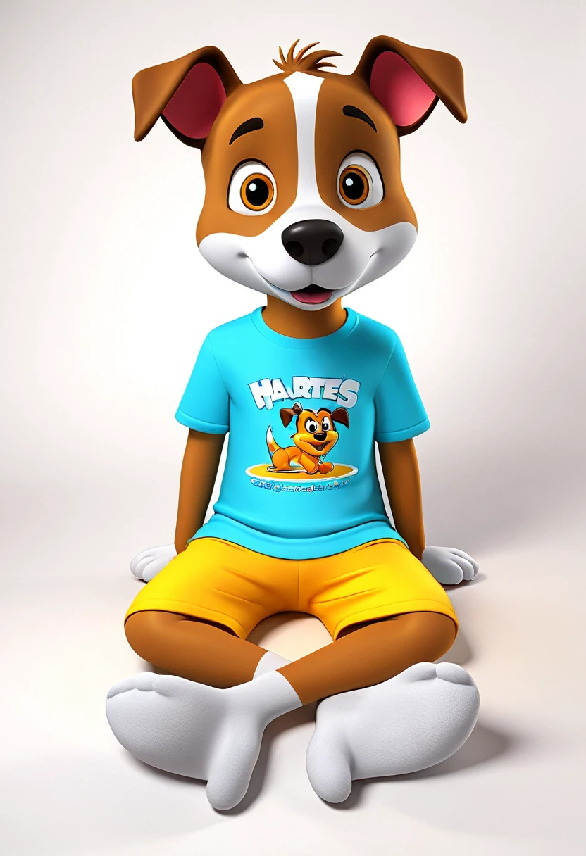 Mascote em estilo cartoon 3D para a loja online de camisetas Estampas IArte, com um esquema de cores de #FEFED8, #FC9E61, #60D1E4, e um fundo completamente preto.
He's sitting on the floor, de pernas cruzadas e sorrindo