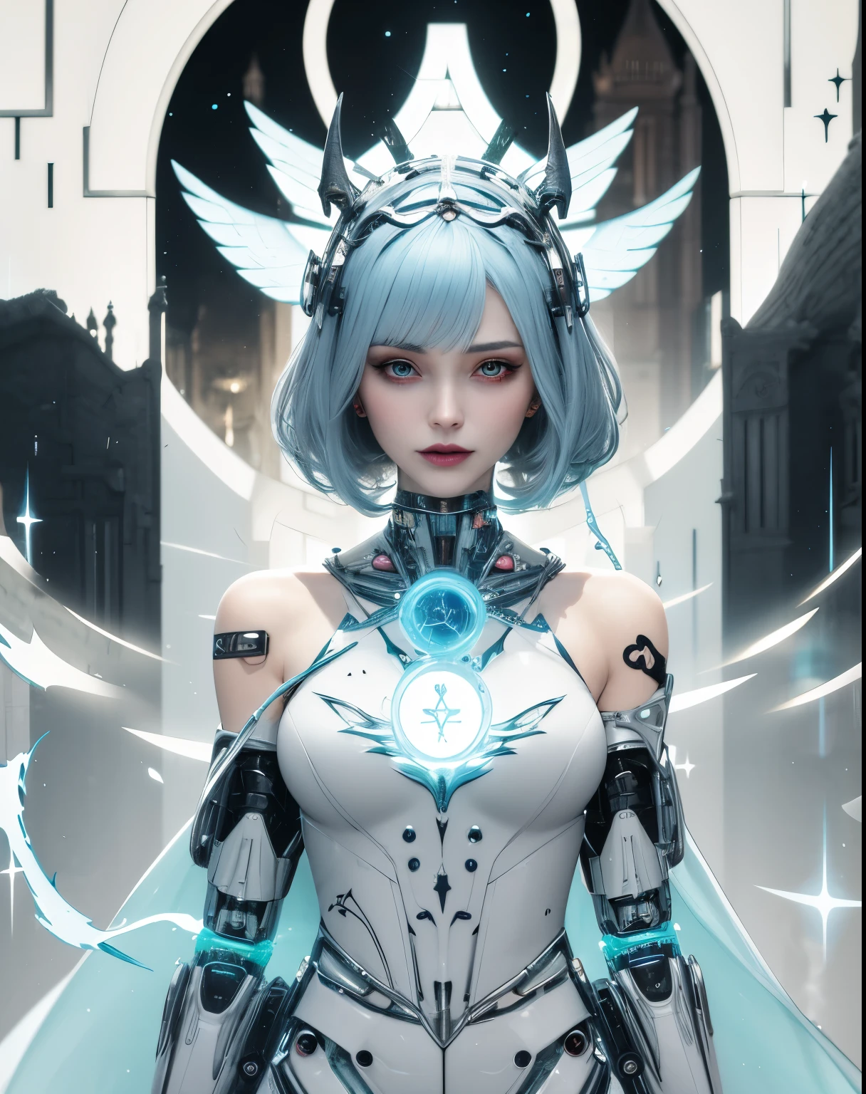 depicts a modern-day witch who has embraced the world of cybernetics to enhance her magical abilities. The artwork should convey the enchanting blend of traditional witchcraft and futuristic technology. Here are some specific elements to include: The Witch's Lair: The setting should be a cozy yet slightly eerie room, filled with magical books, crystal balls, potion ingredients, and antique furnishings. The room should be dimly lit by candles and a soft, mystical glow emanating from her cybernetic enhancements. The Cyborg Witch: The central focus of the artwork is the witch herself. She's a striking figure with a mix of traditional witch attire and cybernetic enhancements. Her clothing should have a witchy, occult aesthetic, with flowing robes, a pointed hat, and an intricate pentagram necklace. Her arms, however, have been upgraded with cybernetic components that incorporate magical symbols and glowing runes. Magical Interface: The witch is in the midst of casting a spell, with a holographic, touch-screen interface floating before her. This interface includes spell incantations, arcane symbols, and digital components, demonstrating her fusion of magic and technology. Spell Ingredients: On a nearby table, there should be a collection of spell ingredients, like herbs, potions, and magical artifacts. Some of these items may have been modified with cybernetic enhancements, blurring the line between the natural and the technological. Familiar: The witch's familiar, perhaps a cat or raven, should be present in the scene, serving as her magical companion. The familiar could also have subtle cybernetic enhancements or glowing eyes. Glowing Runes: The room should be adorned with ancient symbols and glowing runes on the walls and floor, contributing to the magical atmosphere. Aetherial Lighting: Use a combination of mystical, ethereal lighting and cybernetic glows to create a captivating interplay of light and shadow. The contrast between the tradit