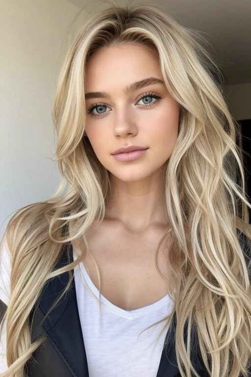 1 fille dans, 19 ans, Seulement, De longs cheveu, long messy windy Cheveux blond, regarder la caméra, Cela fait, Cheveux blond, bijoux, tout le corps, (fond d'extremely detailed 8K display), Soft lighting, high quality, Grain du film, Mise au point nette du Fujifilm XT3, f5.6, 50mm, high detail, sharpness,(natural light), (attractive), developer, Realistic, sexy, T-shirt blanc moulant