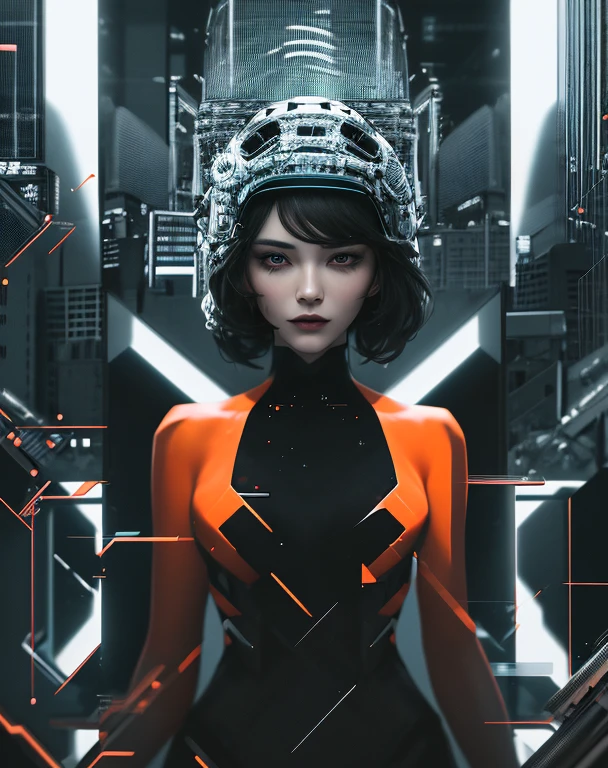 Cg graphics illustration presented a Digital brush stroke woman with spiked short hair, embracing a futuristic theme. The scene was set against the backdrop of a glass construct, teetering on the edge of a nightmare and glitch, reflecting an industrial style. Urban grittiness pervaded the image, with the woman seated amidst the cold, unforgiving walls of a warehouse. Liquid glass textures adorned the surroundings, trending on Artstation and resonating with the essence of fashion photography. A woman wearing black and orange attire dominated the foreground, her perfectly detailed face illuminated by the neon bar sign background lighting. Her very detailed hands came to life with