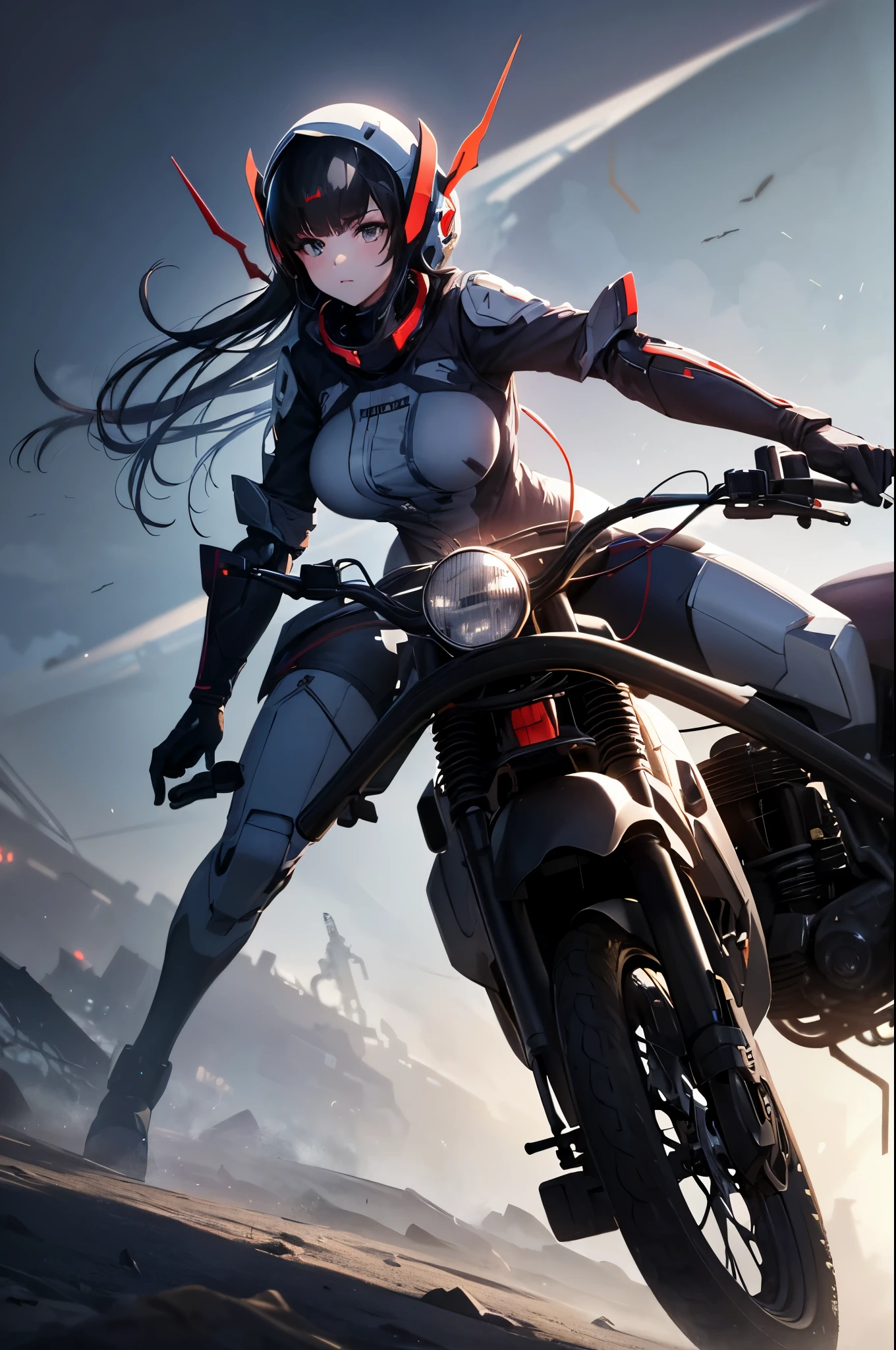 Best image quality, Excellent details, Ultra-high resolution, (Faithfulness: 1.4), Best illustrations, Favorite Details, Very condensed one girl, Delicate and beautiful features, Wearing a black and white mech, Wearing a mecha helmet, Hold the directional controller, Riding on motorcycle, The background is a futuristic city high tech lighting scene.