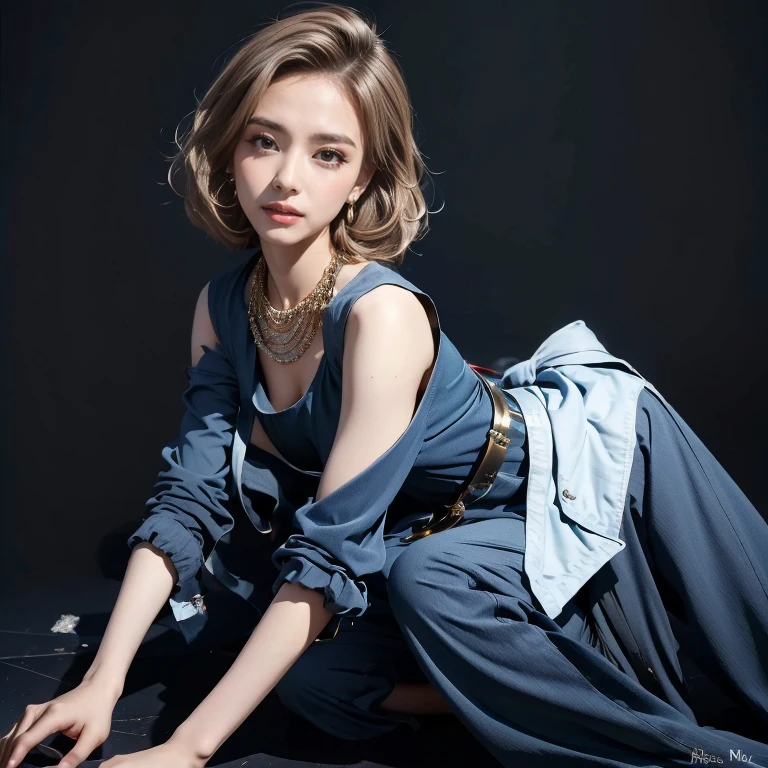 (masterpiece, highest quality, highest quality), (((Perfect body))),Ragged hair,Middle Hair,Chignon Hair,Light blue hair color,beautifully,Mysterious:1.2, (One Girl:1.3), Very detailed, Mature Woman,A kind smile,(((Dark blue jumpsuit))),Boston-type glasses, (Mouth closed), (highest qualityのmasterpiece:1.2) Delicate illustrations, Most detailed,Upper body portrait, (Street background:1.3), (Shiny skin), (Many colors:1.4), ,(Earrings),((necklace)), Elegant Pumps,Full body portrait,(Nightclub:1.3), (Shiny skin),(Earrings),