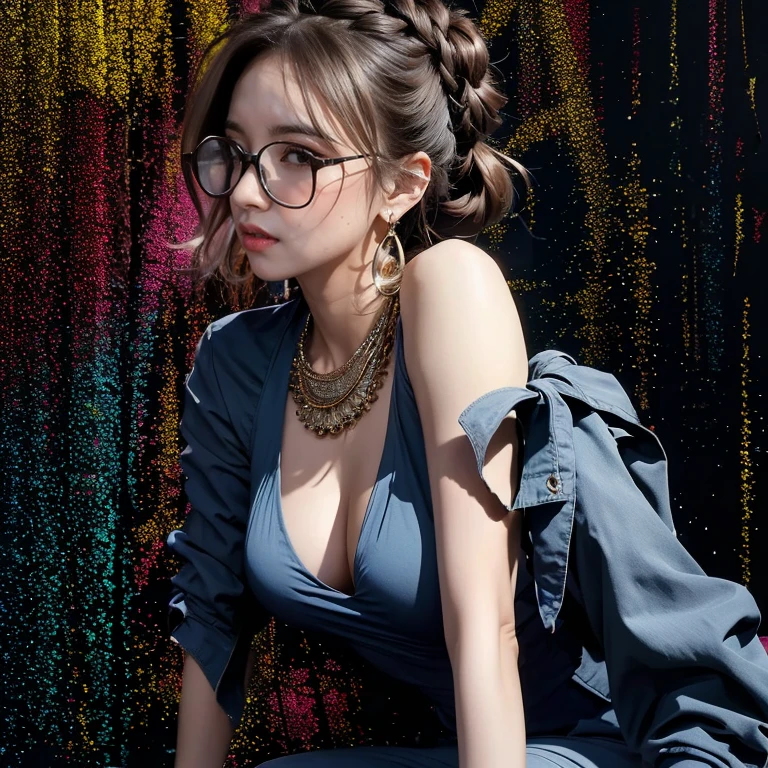(masterpiece, highest quality, highest quality), (((Perfect body))),Ragged hair,Middle Hair,Chignon Hair,Light blue hair color,beautifully,Mysterious:1.2, (One Girl:1.3), Very detailed, Mature Woman,A kind smile,(((Dark blue jumpsuit))),Boston-type glasses, (Mouth closed), (highest qualityのmasterpiece:1.2) Delicate illustrations, Most detailed,Upper body portrait, (Street background:1.3), (Shiny skin), (Many colors:1.4), ,(Earrings),((necklace)), Elegant Pumps,Full body portrait,(Nightclub:1.3), (Shiny skin),(Earrings),