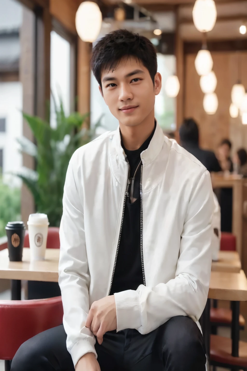 Young handsom men from asian wear white zipper jacket, wearing black cloth, wearing black jeans pant, sit in the chinesse cafe, japan, yokoham, ultra realistic hd, best render, with hold coffea, smile with tears